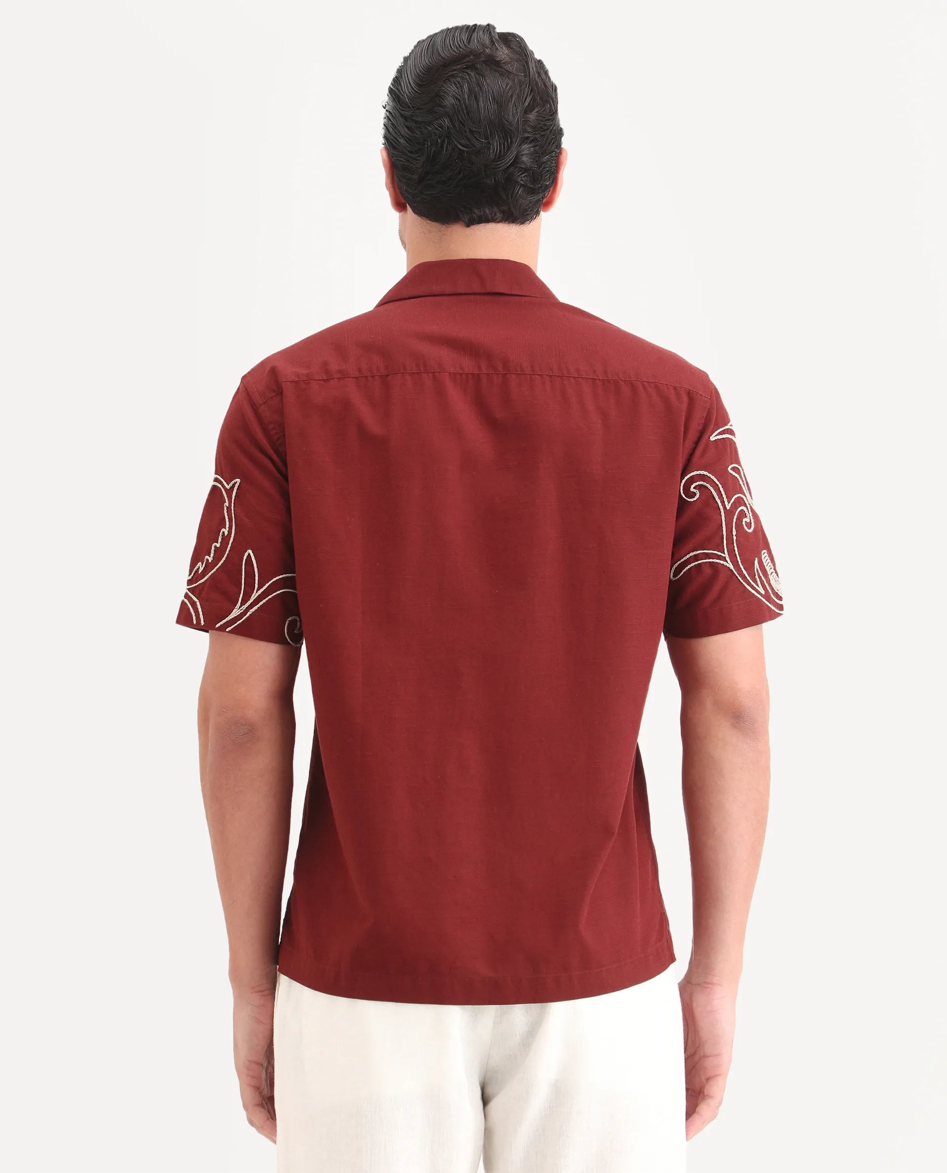 Rare Rabbit Men's Anto Rust Cotton Blend Fabric Half Sleeve Cuban Collar Regular Embroidered Shirt