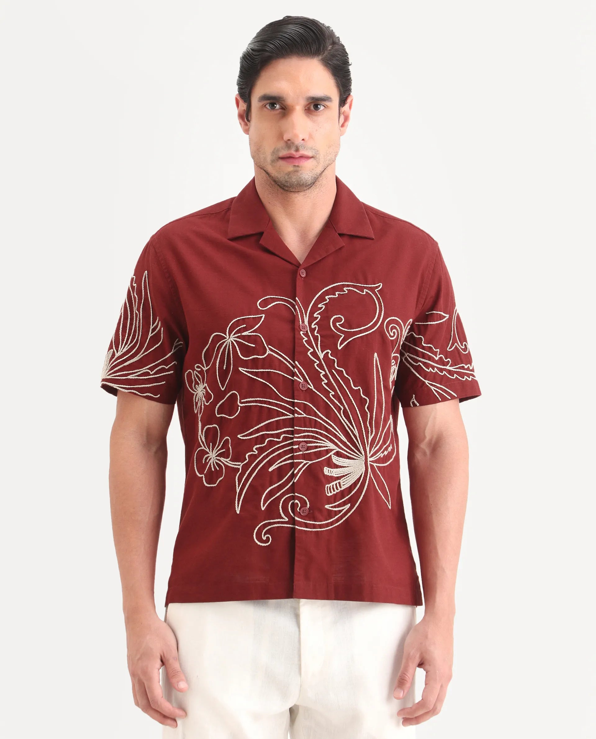 Rare Rabbit Men's Anto Rust Cotton Blend Fabric Half Sleeve Cuban Collar Regular Embroidered Shirt