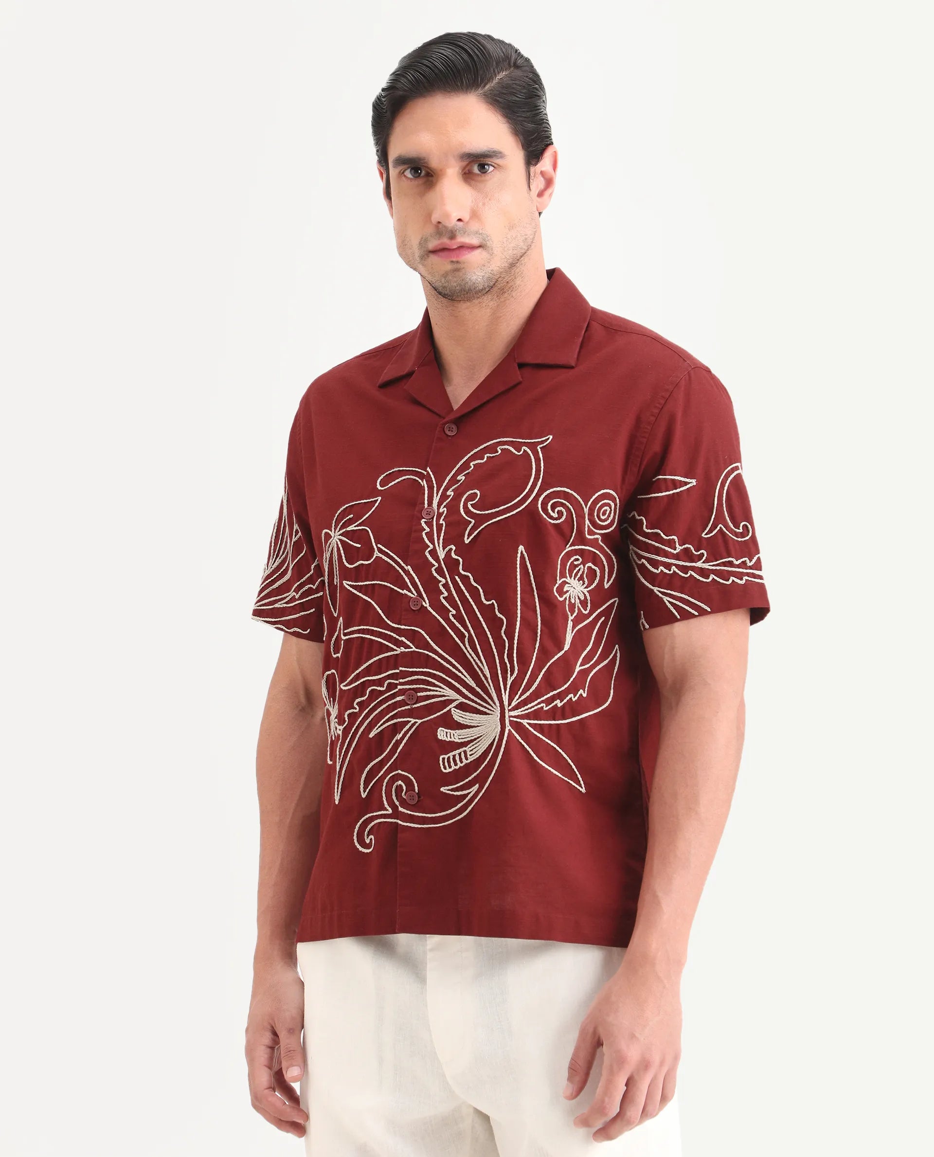 Rare Rabbit Men's Anto Rust Cotton Blend Fabric Half Sleeve Cuban Collar Regular Embroidered Shirt