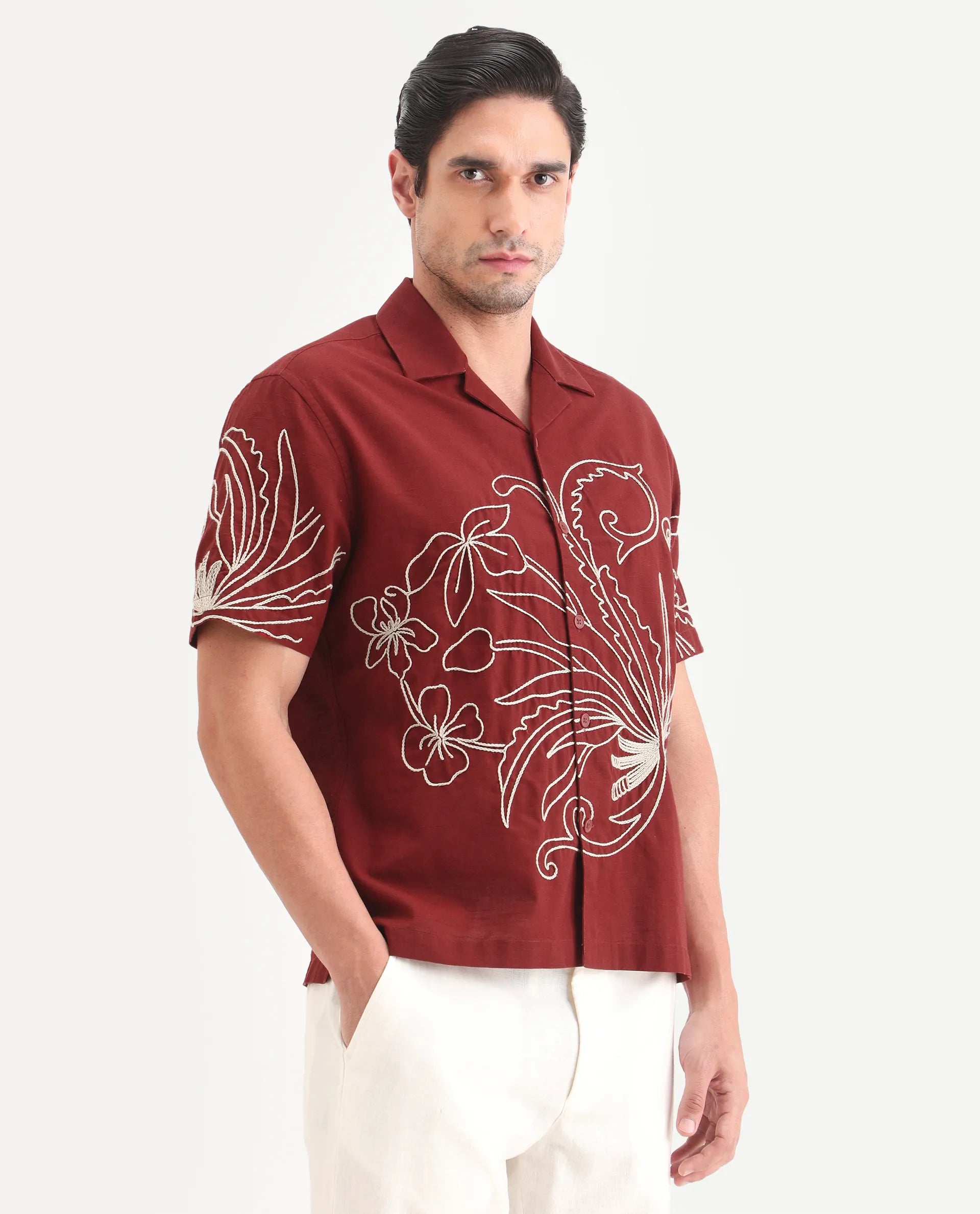 Rare Rabbit Men's Anto Rust Cotton Blend Fabric Half Sleeve Cuban Collar Regular Embroidered Shirt