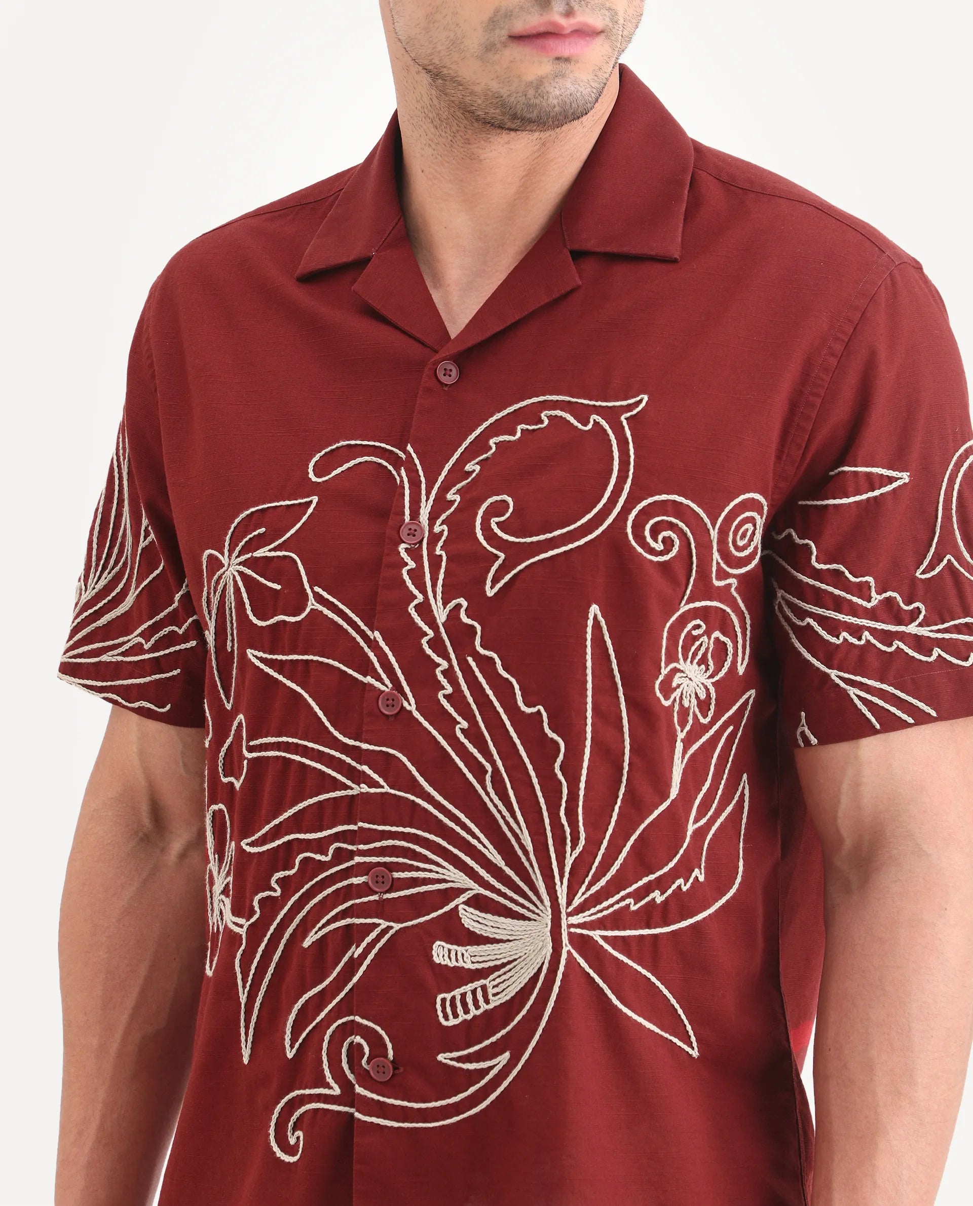 Rare Rabbit Men's Anto Rust Cotton Blend Fabric Half Sleeve Cuban Collar Regular Embroidered Shirt