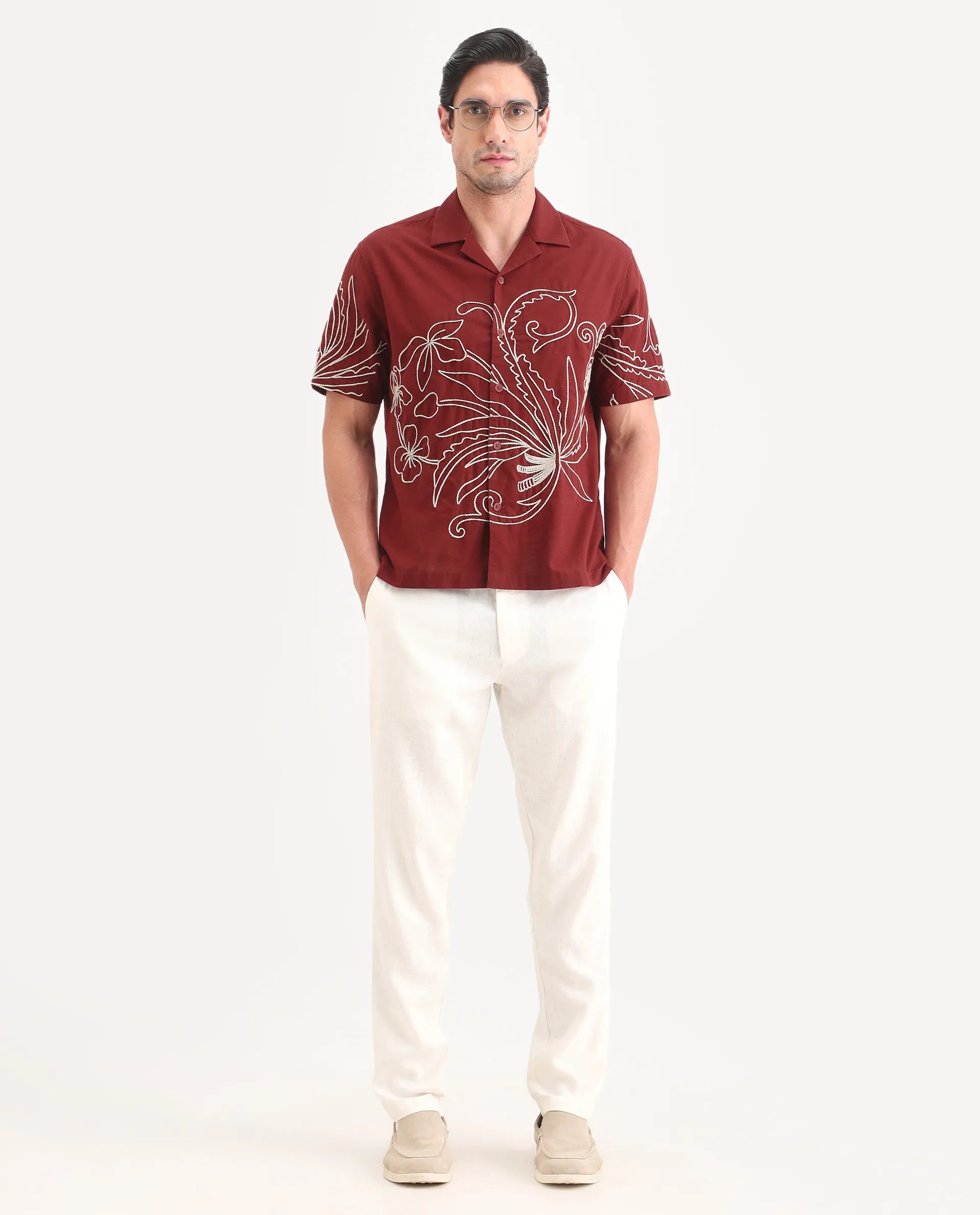 Rare Rabbit Men's Anto Rust Cotton Blend Fabric Half Sleeve Cuban Collar Regular Embroidered Shirt