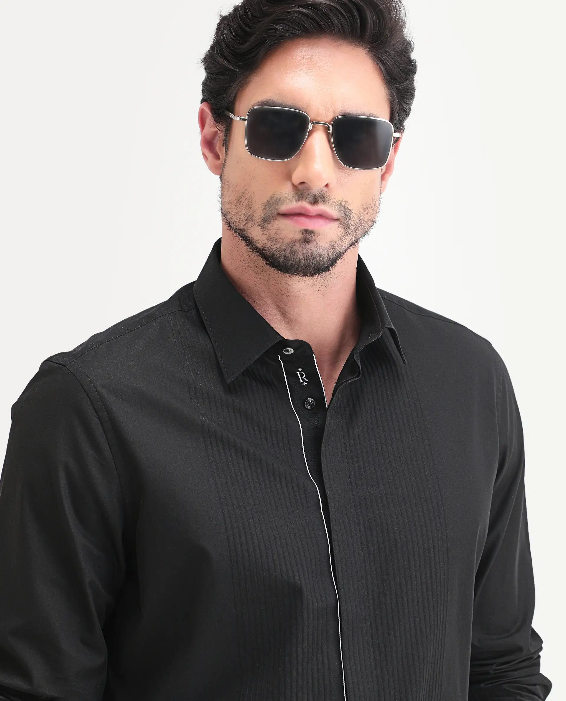 Rare Rabbit Men's Trev Black Cotton Fabric Full Sleeve Spread Collar Regular Striped Shirt