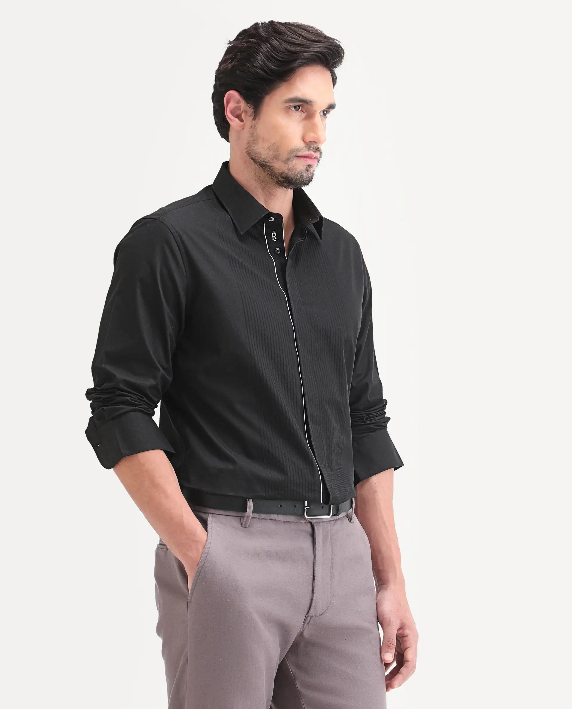 Rare Rabbit Men's Trev Black Cotton Fabric Full Sleeve Spread Collar Regular Striped Shirt