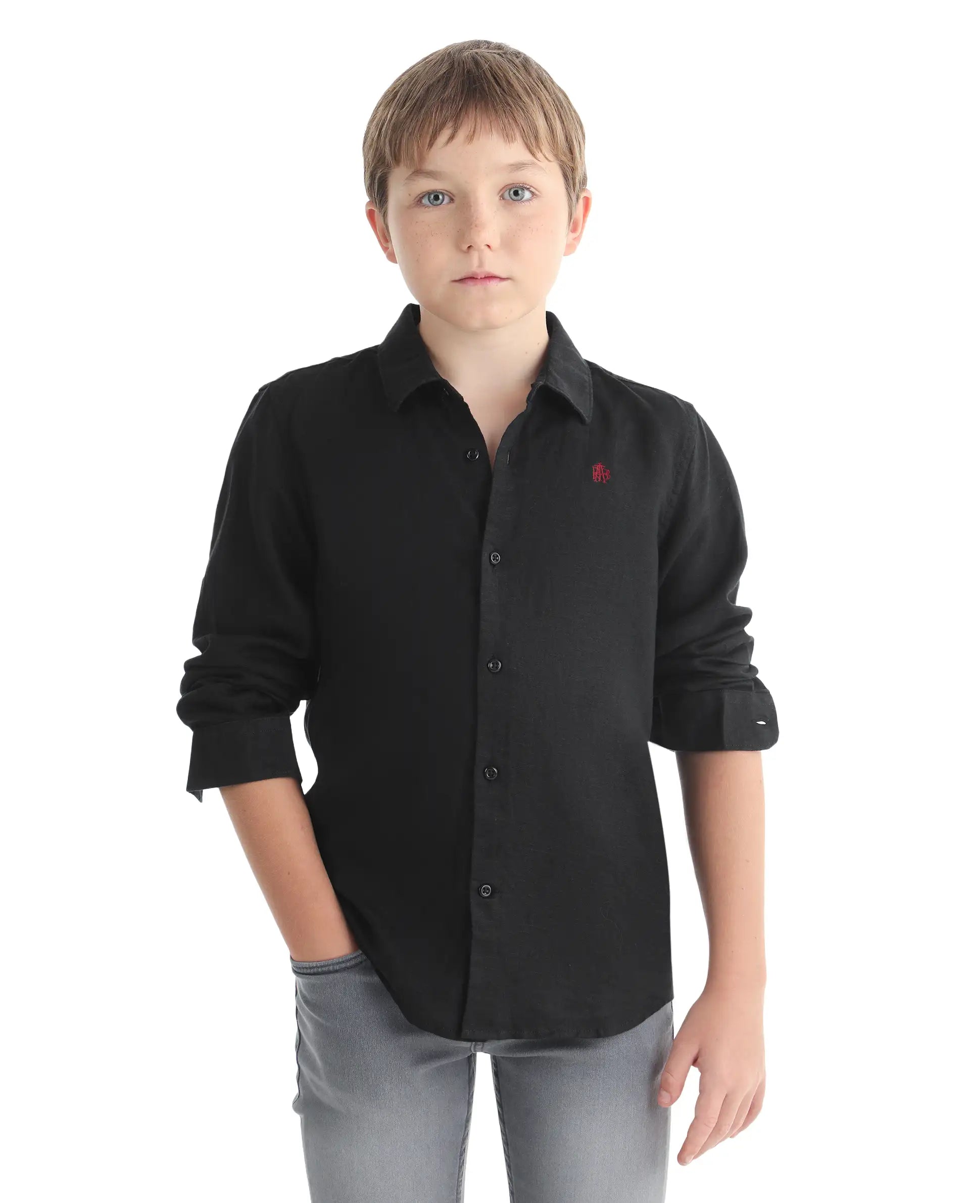 Rare Ones Kids Linot-Fs Black Linen Blend Button Closure Regular Fit Shirt
