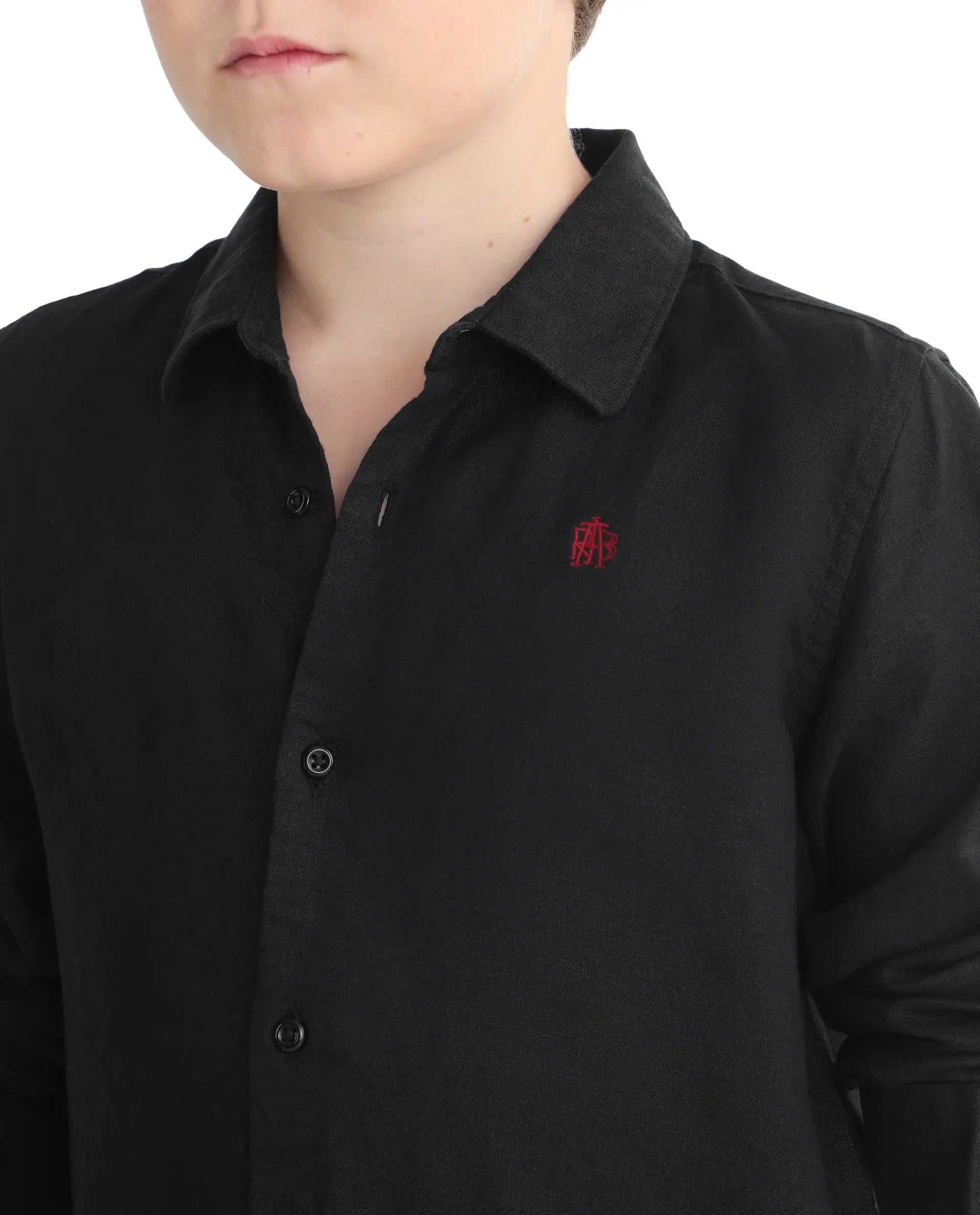 Rare Ones Kids Linot-Fs Black Linen Blend Button Closure Regular Fit Shirt