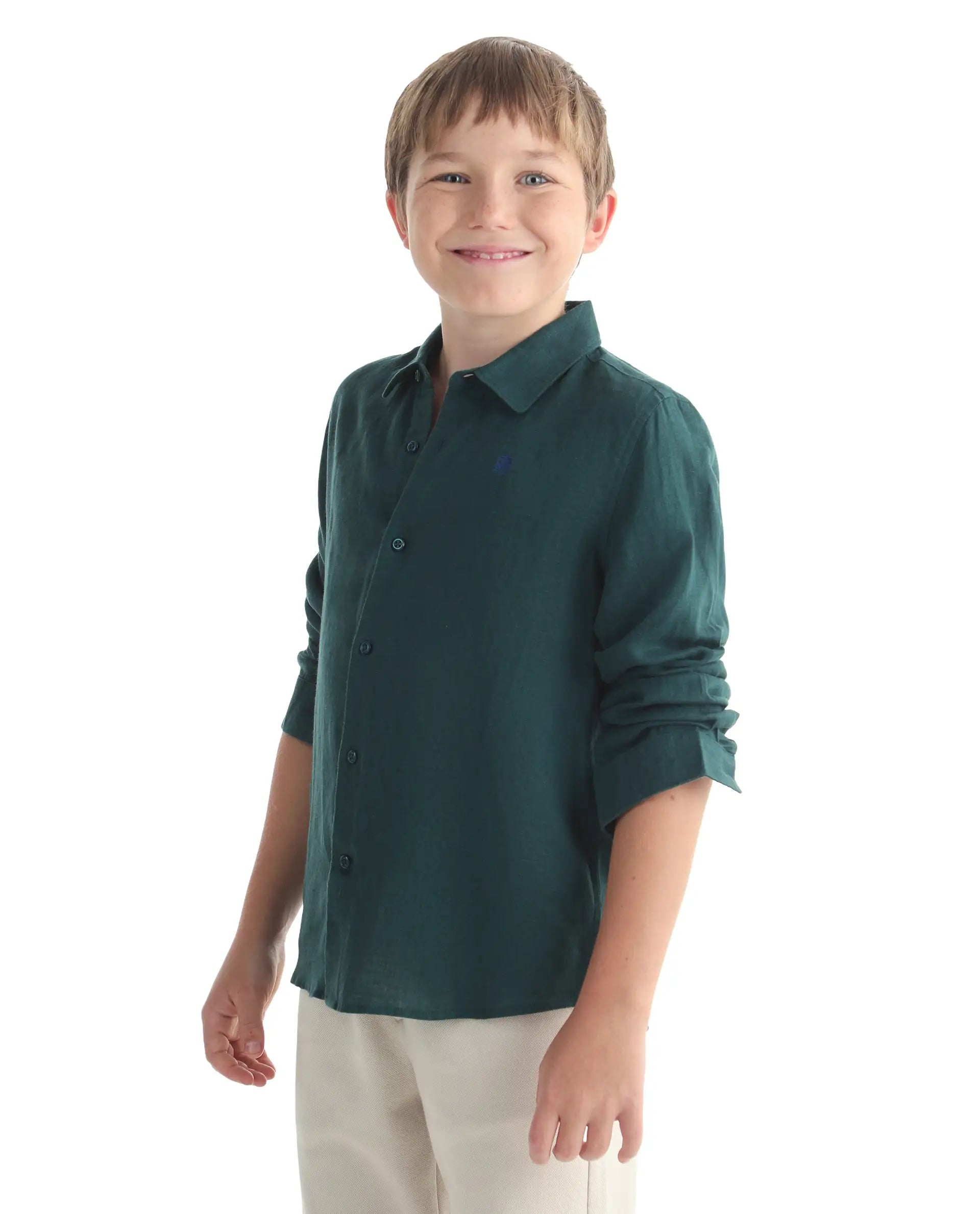 Rare Ones Kids Linot-Fs Dark Green Linen Blend Button Closure Regular Fit Shirt