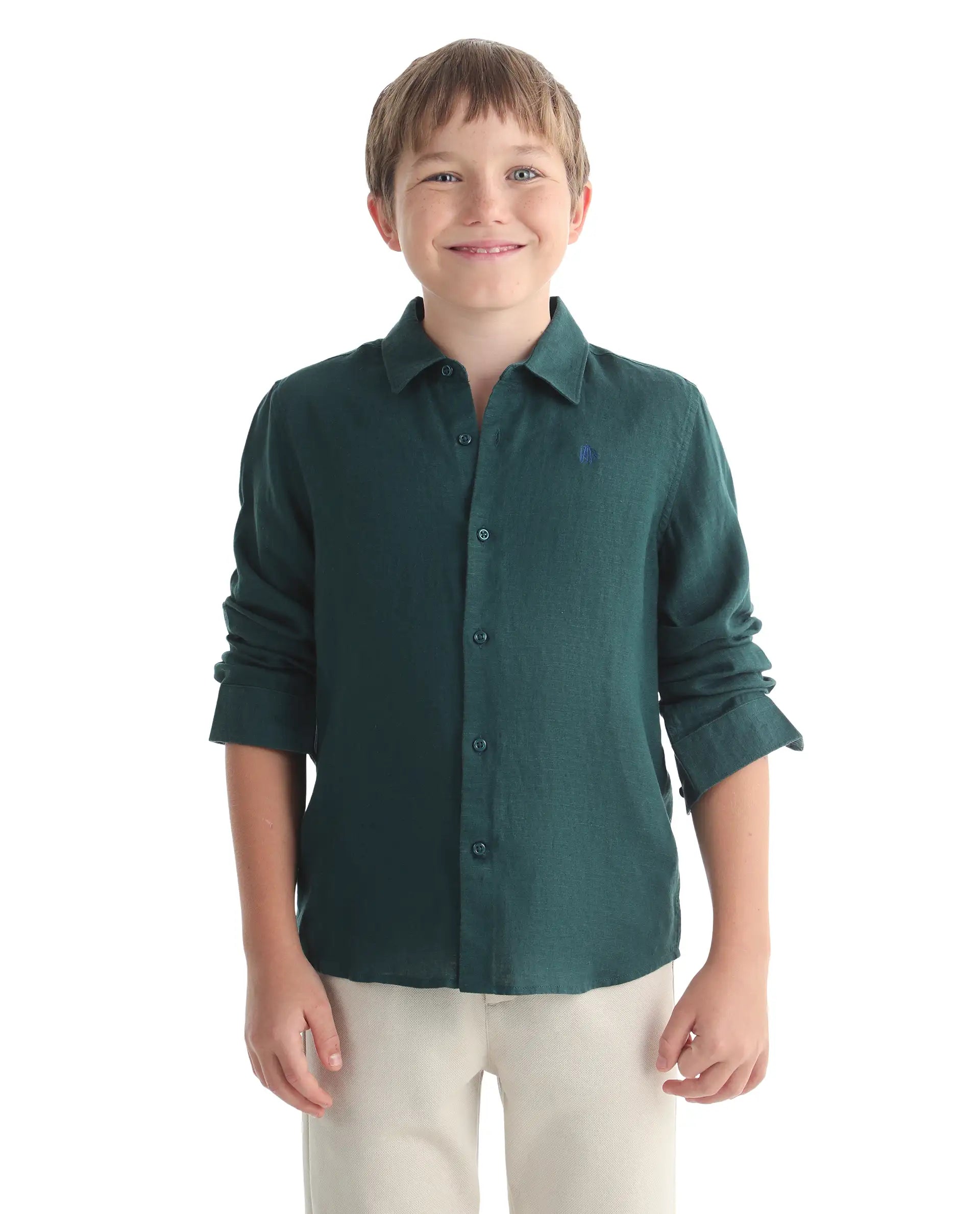 Rare Ones Kids Linot-Fs Dark Green Linen Blend Button Closure Regular Fit Shirt