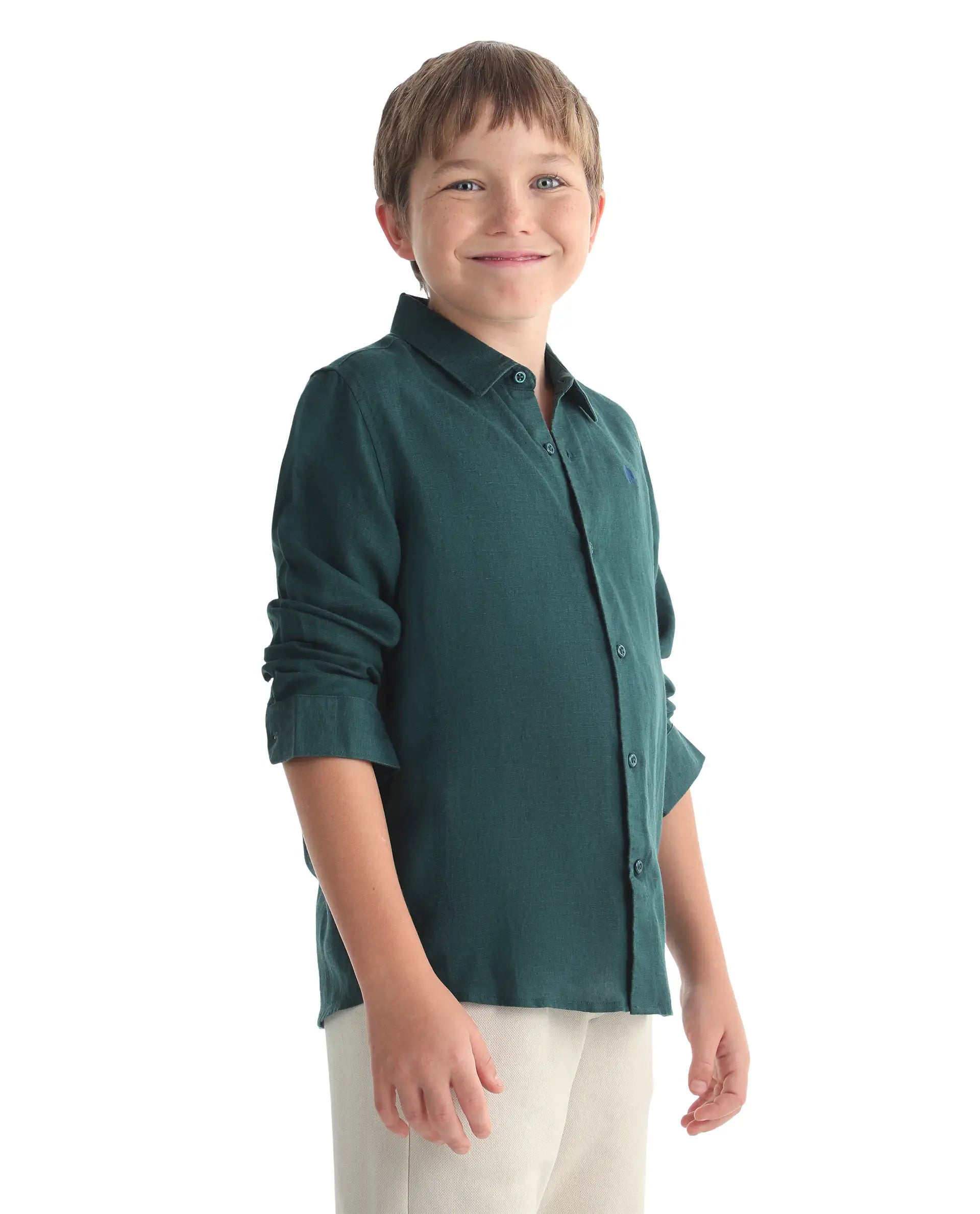 Rare Ones Kids Linot-Fs Dark Green Linen Blend Button Closure Regular Fit Shirt