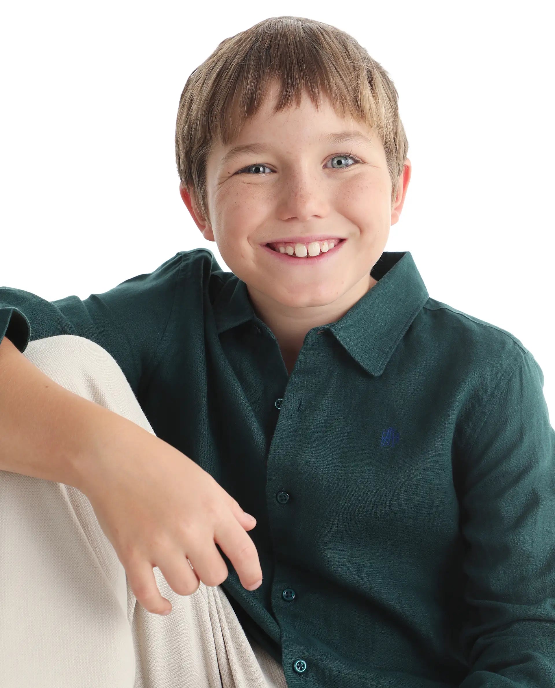 Rare Ones Kids Linot-Fs Dark Green Linen Blend Button Closure Regular Fit Shirt