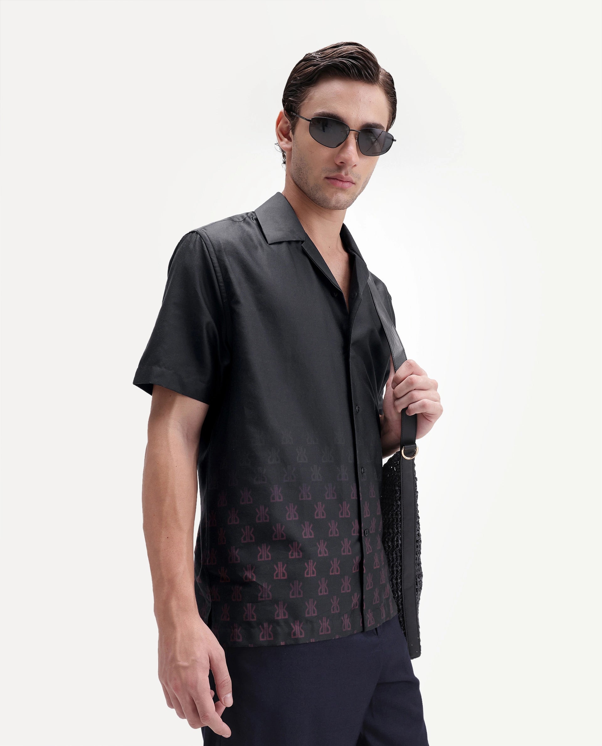 Rare Rabbit Men's Taro Black Cotton Fabric Full Sleeve Cuban Collar Regular Monogram Print Shirt