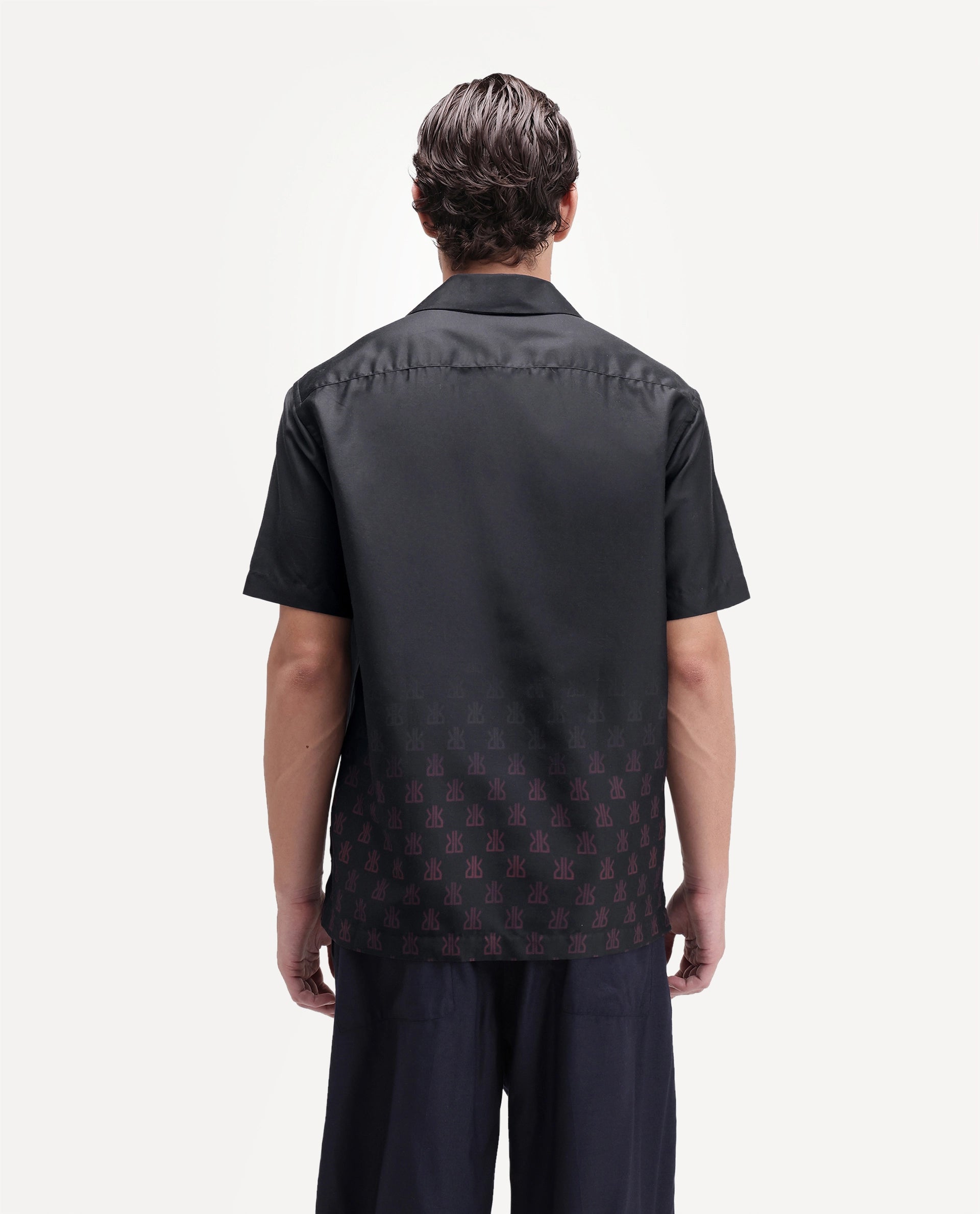 Rare Rabbit Men's Taro Black Cotton Fabric Full Sleeve Cuban Collar Regular Monogram Print Shirt