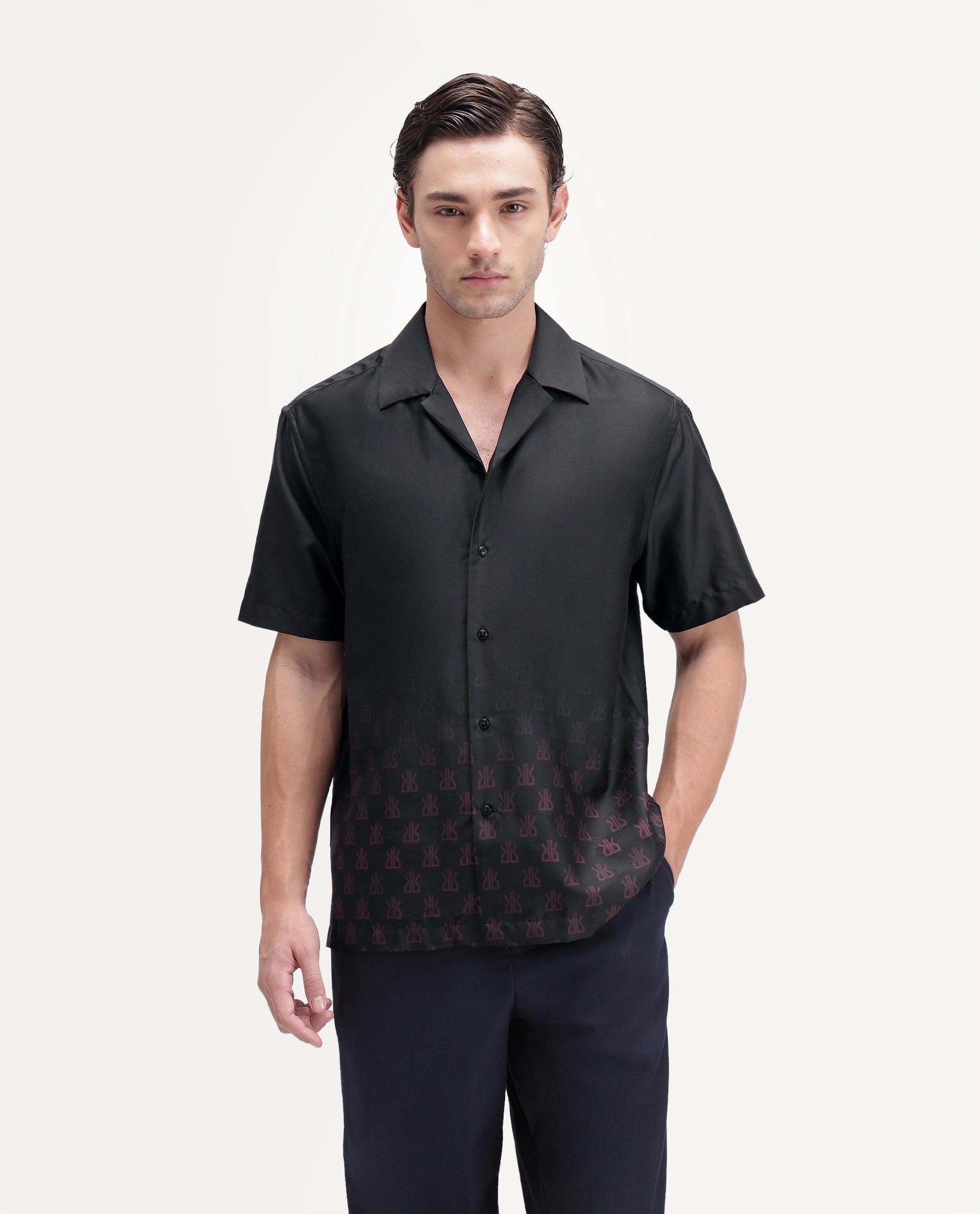Rare Rabbit Men's Taro Black Cotton Fabric Full Sleeve Cuban Collar Regular Monogram Print Shirt