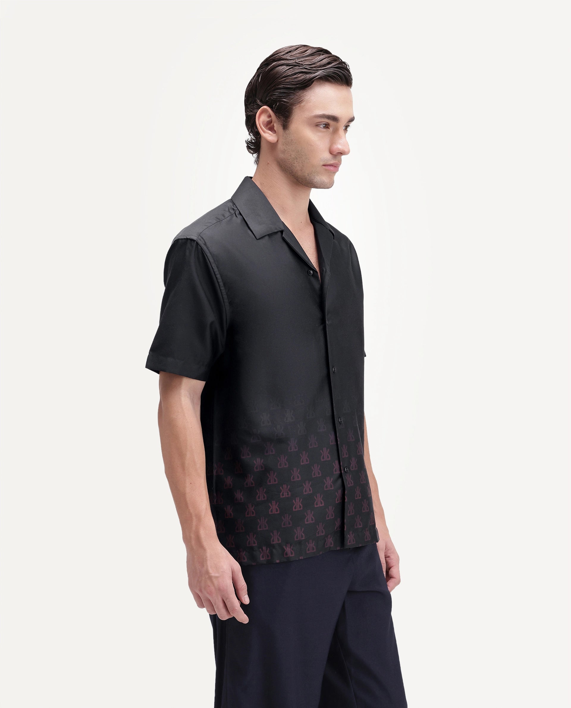 Rare Rabbit Men's Taro Black Cotton Fabric Full Sleeve Cuban Collar Regular Monogram Print Shirt