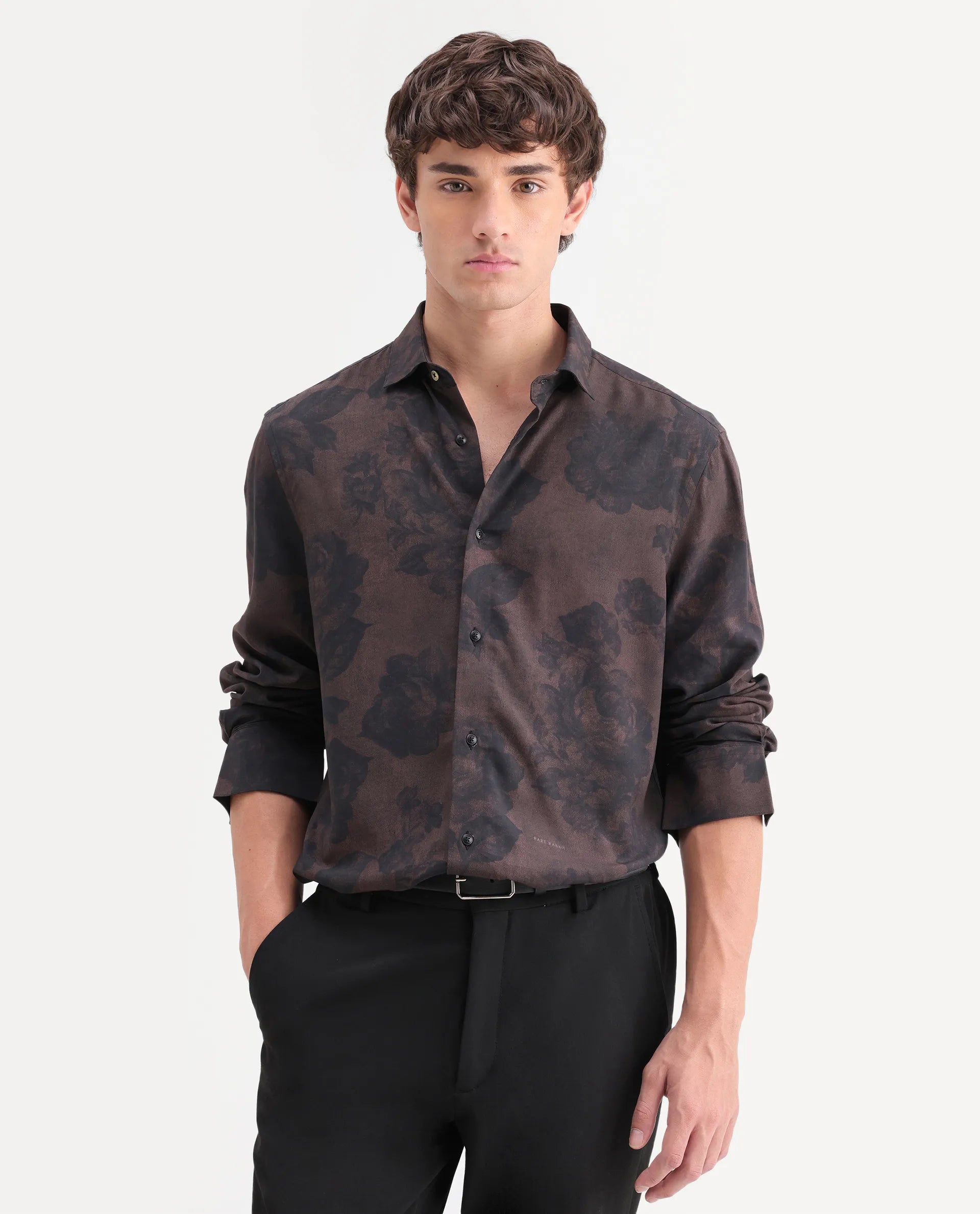 Rare Rabbit Men's Seano Black Viscose Fabric Full Sleeve Spread Collar Regular Floral Print Shirt