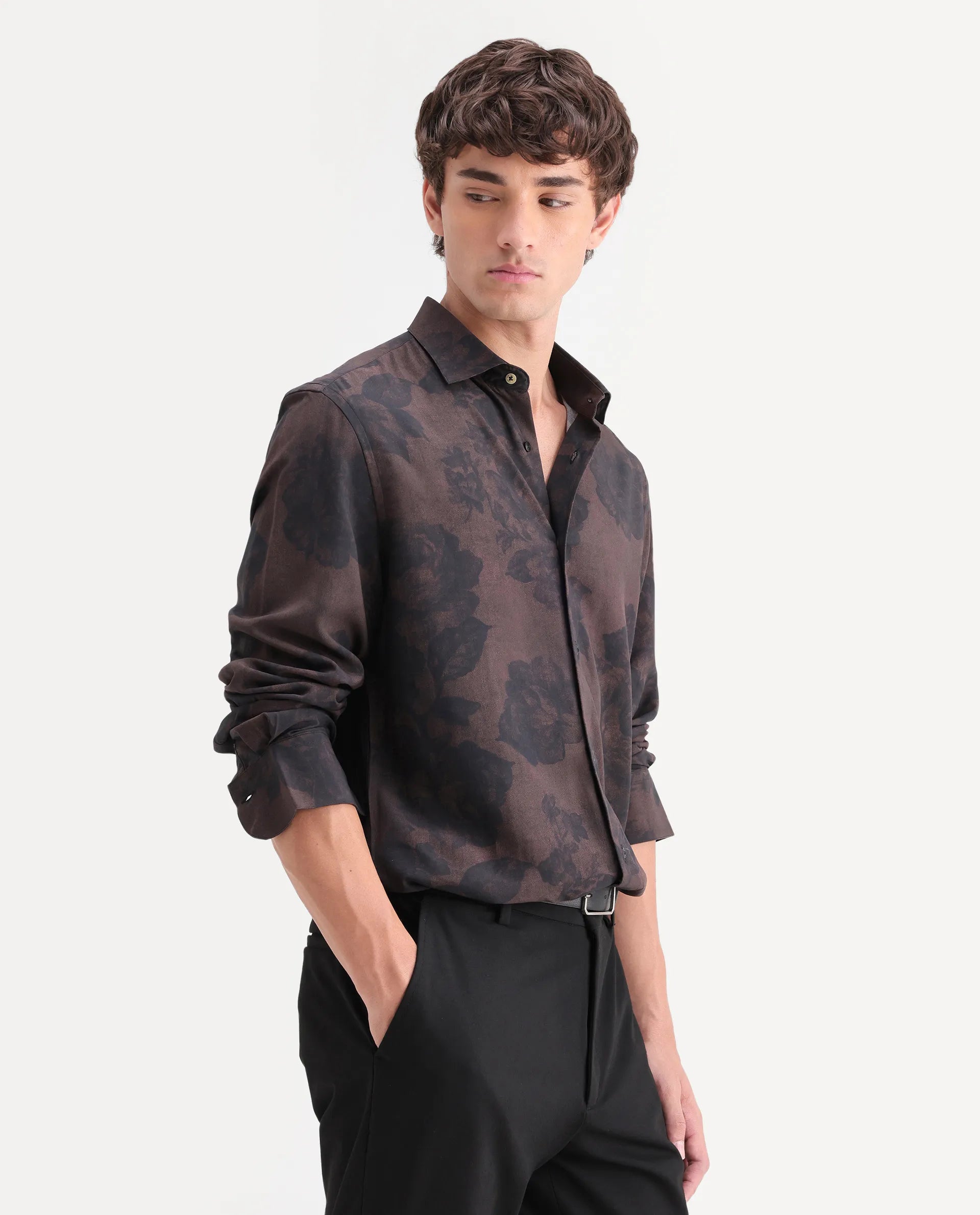 Rare Rabbit Men's Seano Black Viscose Fabric Full Sleeve Spread Collar Regular Floral Print Shirt