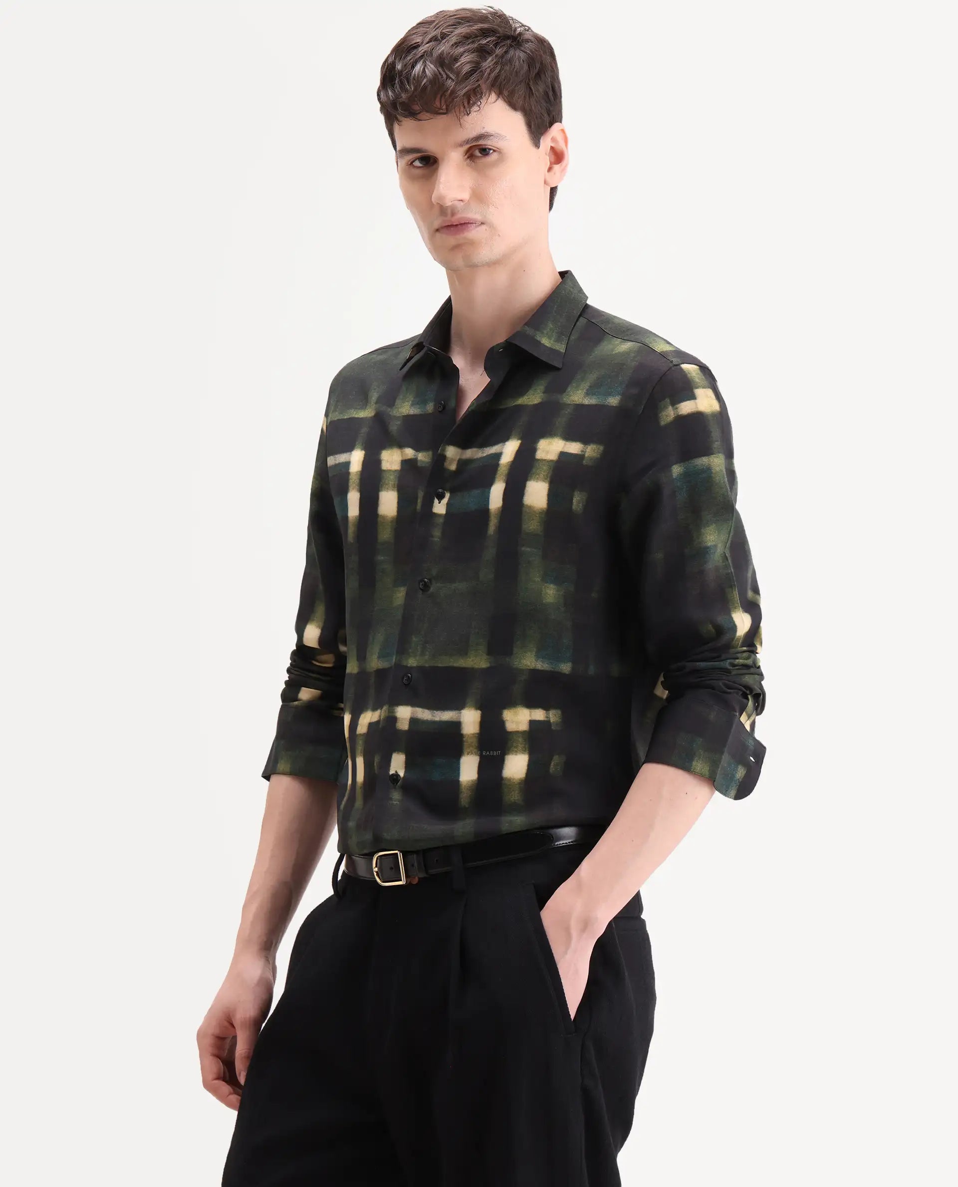 Rare Rabbit Men's Voss Green Viscose Fabric Full Sleeve Spread Collar Regular Abstract Print Shirt