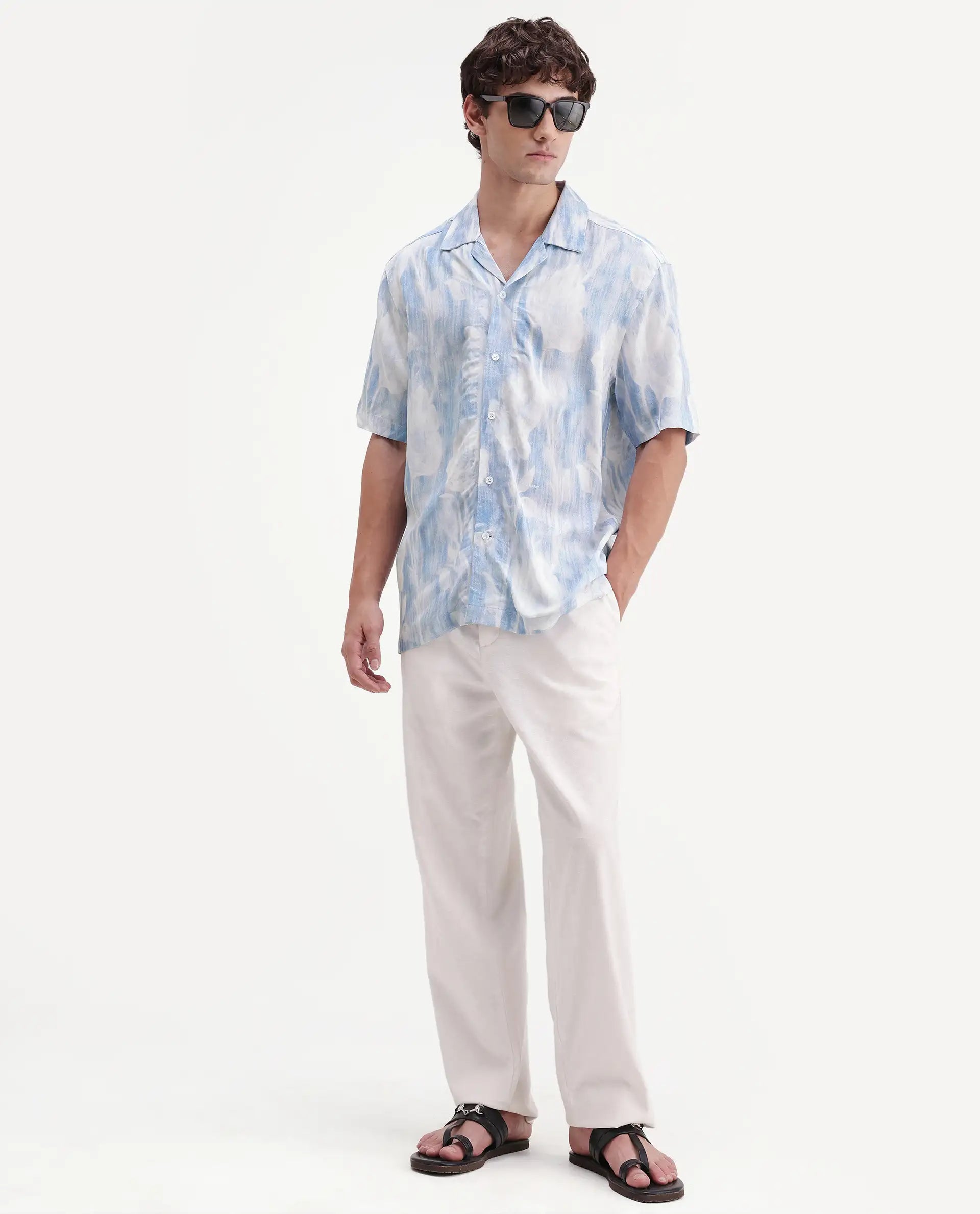 Rare Rabbit Men's Oyse White Viscose Fabric Half Sleeve Cuban Collar Regular Abstract Print Shirt