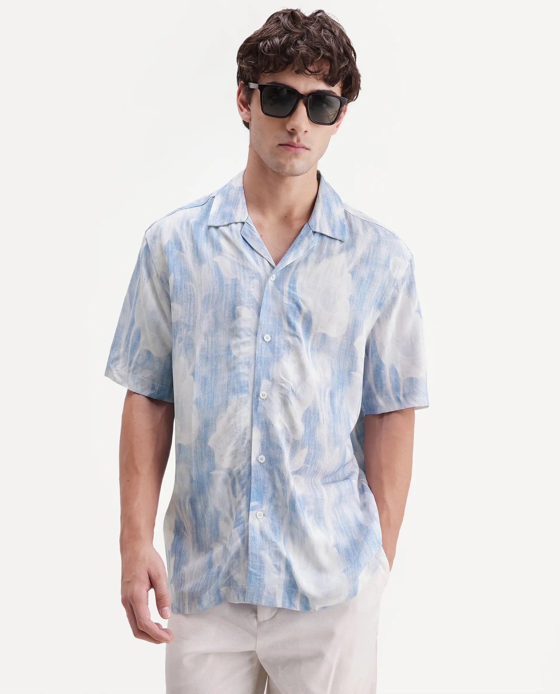 Rare Rabbit Men's Oyse White Viscose Fabric Half Sleeve Cuban Collar Regular Abstract Print Shirt