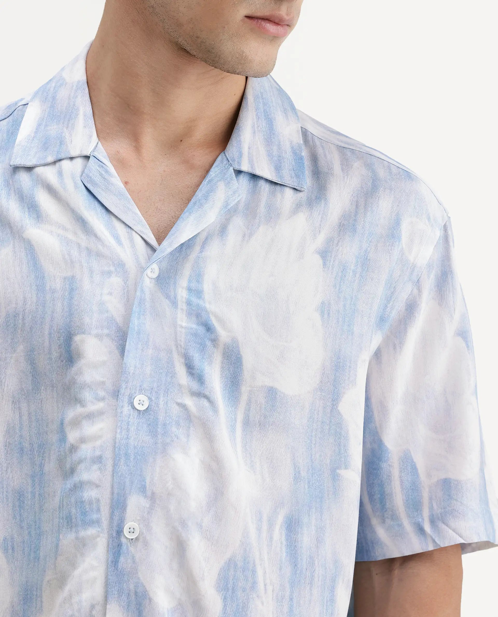 Rare Rabbit Men's Oyse White Viscose Fabric Half Sleeve Cuban Collar Regular Abstract Print Shirt