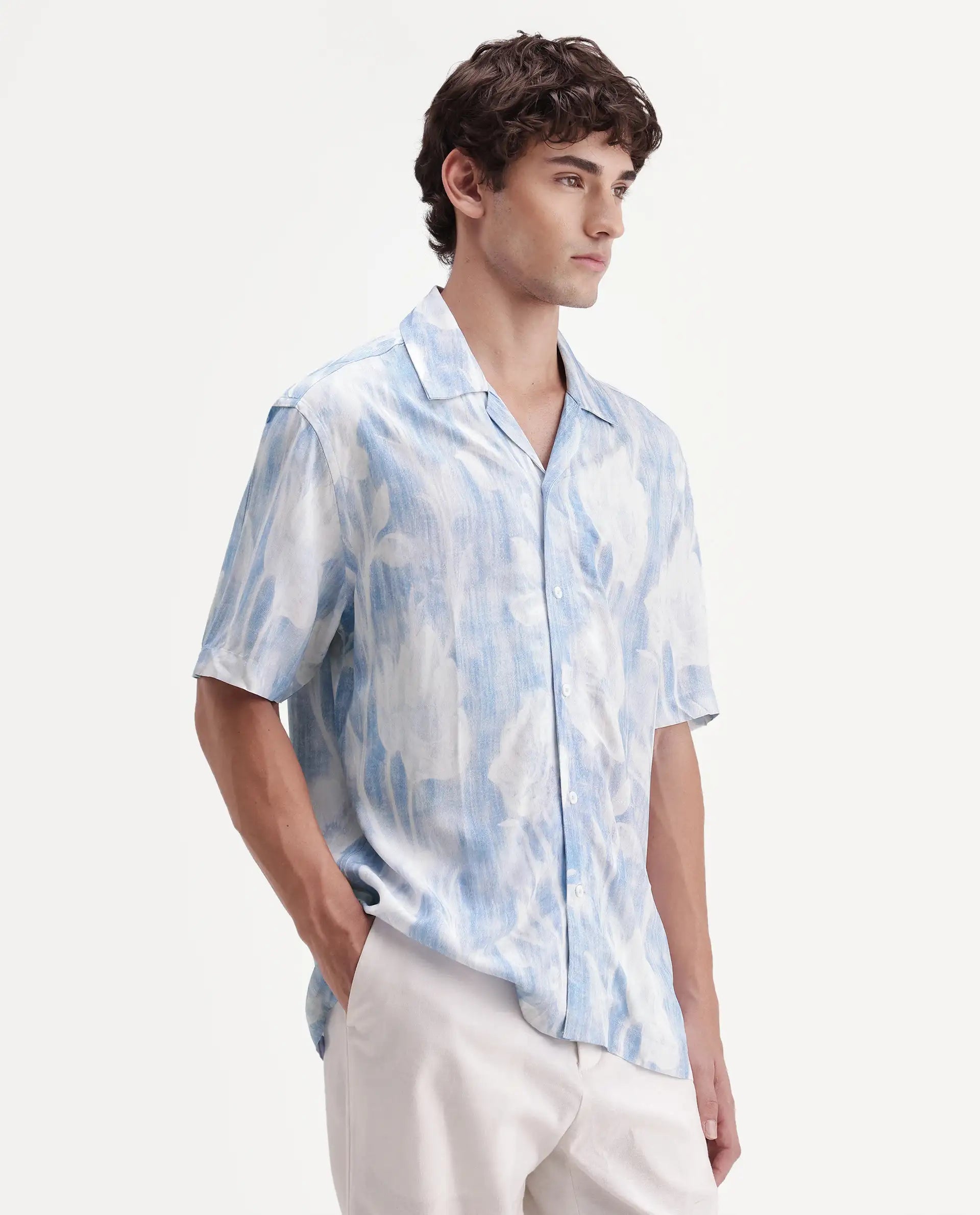 Rare Rabbit Men's Oyse White Viscose Fabric Half Sleeve Cuban Collar Regular Abstract Print Shirt