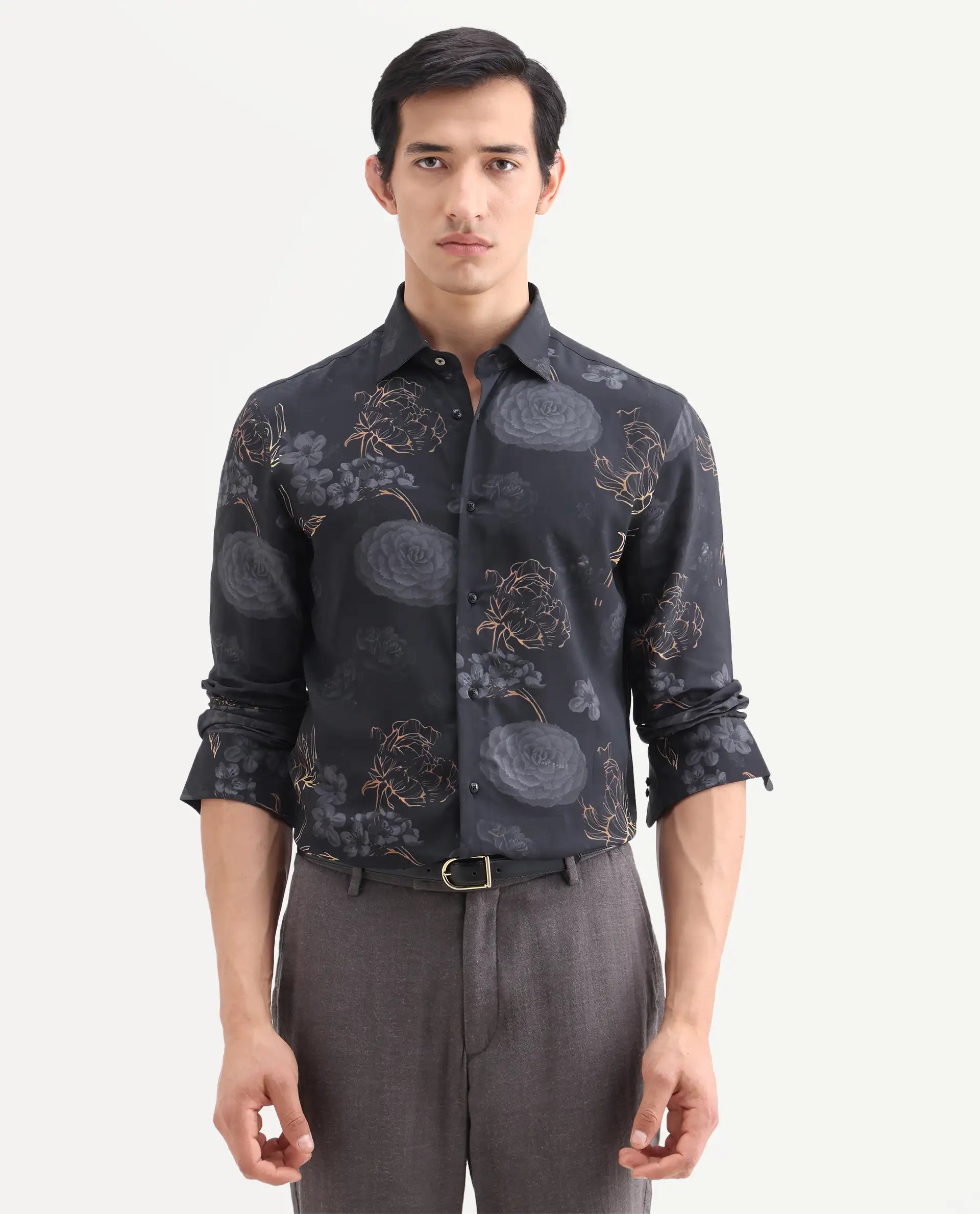 Rare Rabbit Men's Sloy Black Viscose Fabric Full Sleeve Spread Collar Regular Floral Print Shirt
