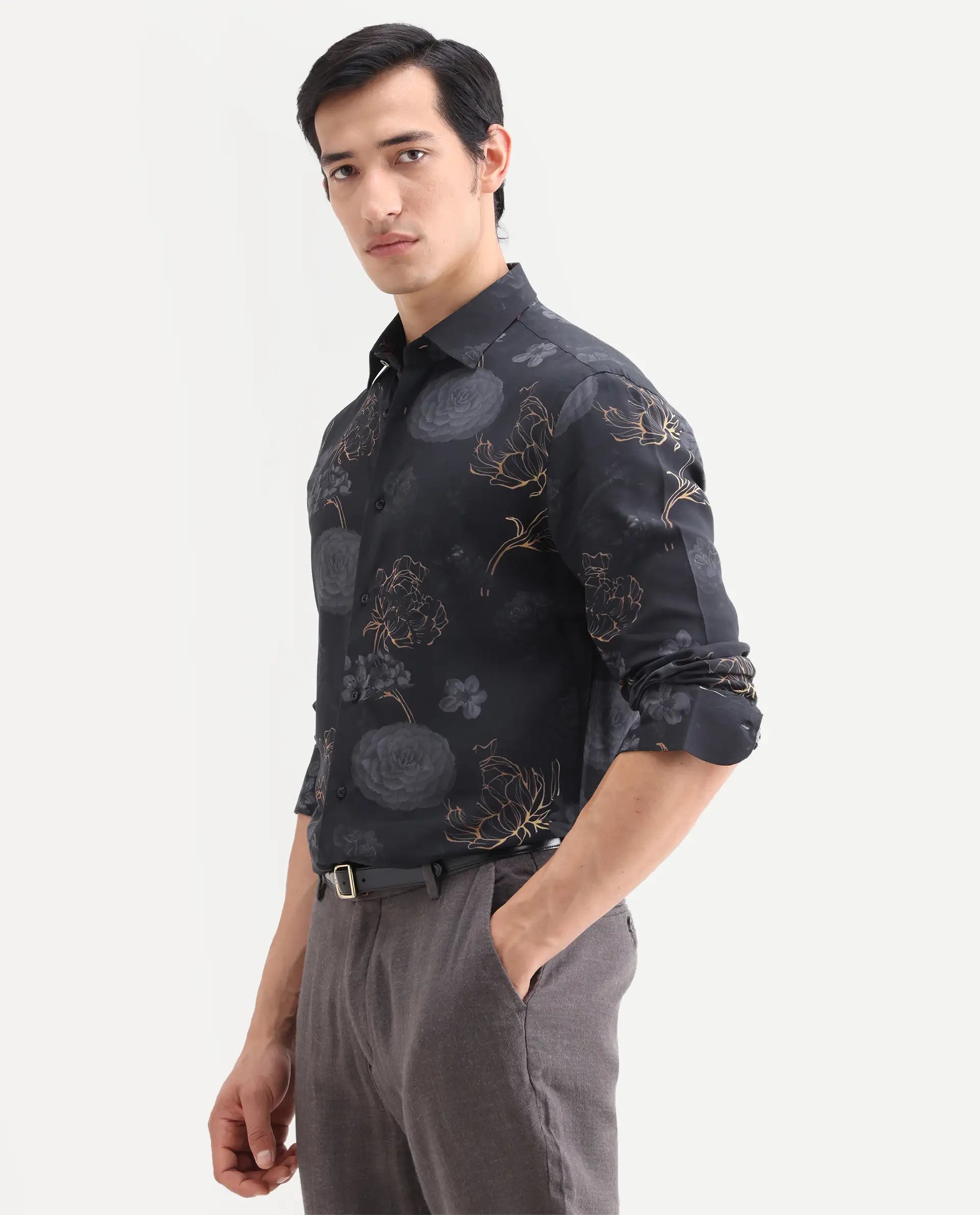 Rare Rabbit Men's Sloy Black Viscose Fabric Full Sleeve Spread Collar Regular Floral Print Shirt