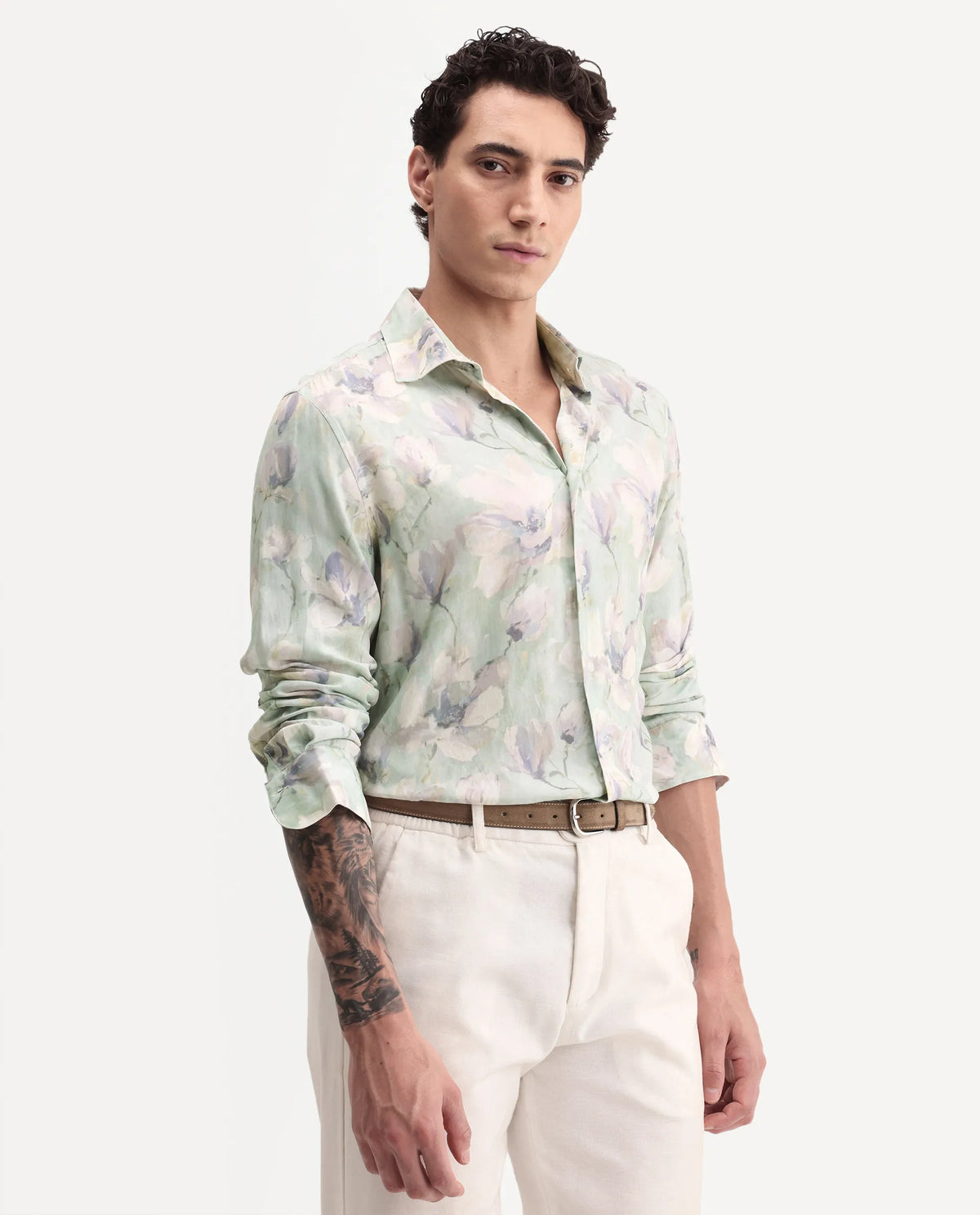Rare Rabbit Men's Flows Off White Viscose Fabric Full Sleeve Spread Collar Regular Floral Print Shirt