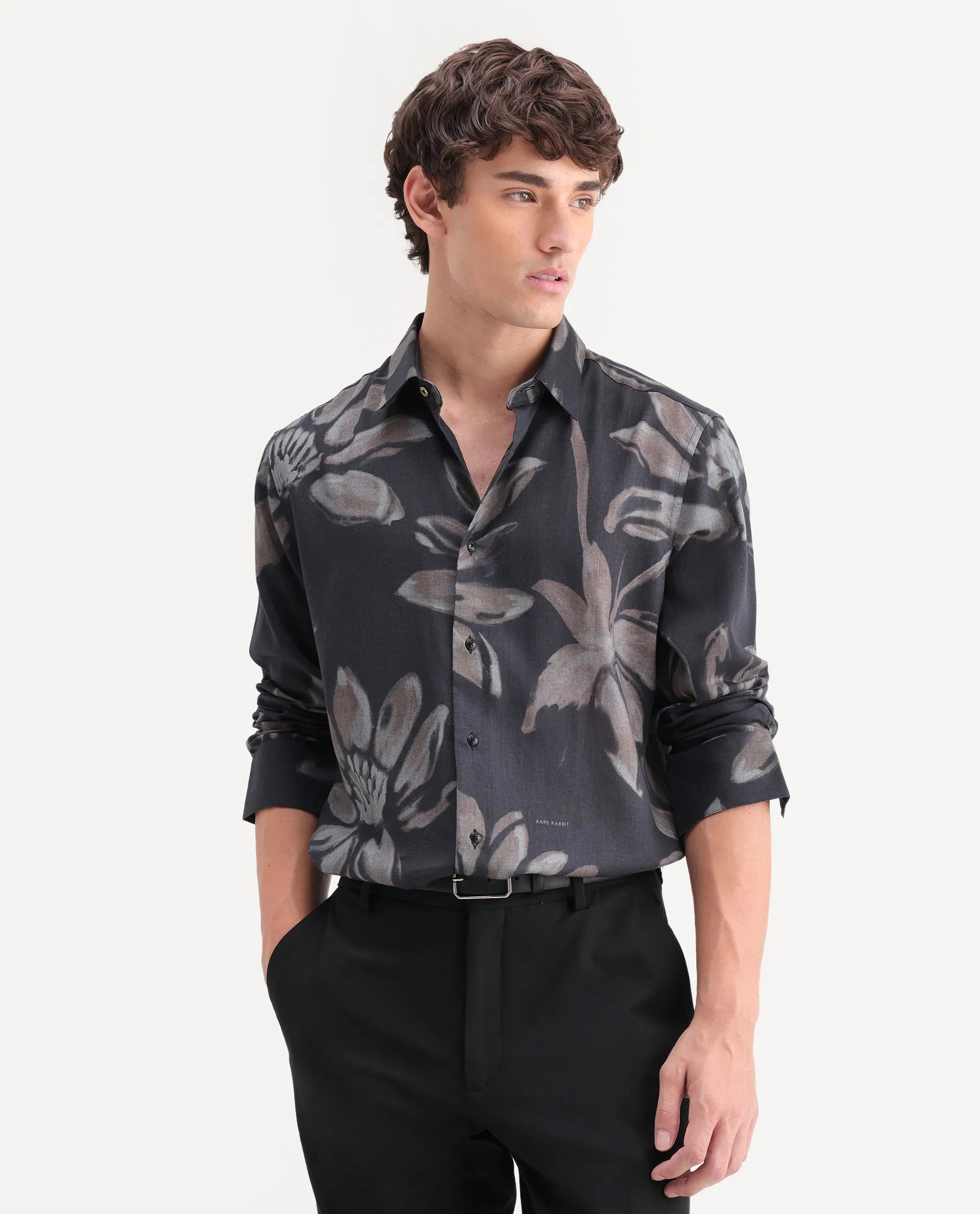 Rare Rabbit Men's Amzo Black Viscose Fabric Full Sleeve Spread Collar Regular Floral Print Shirt