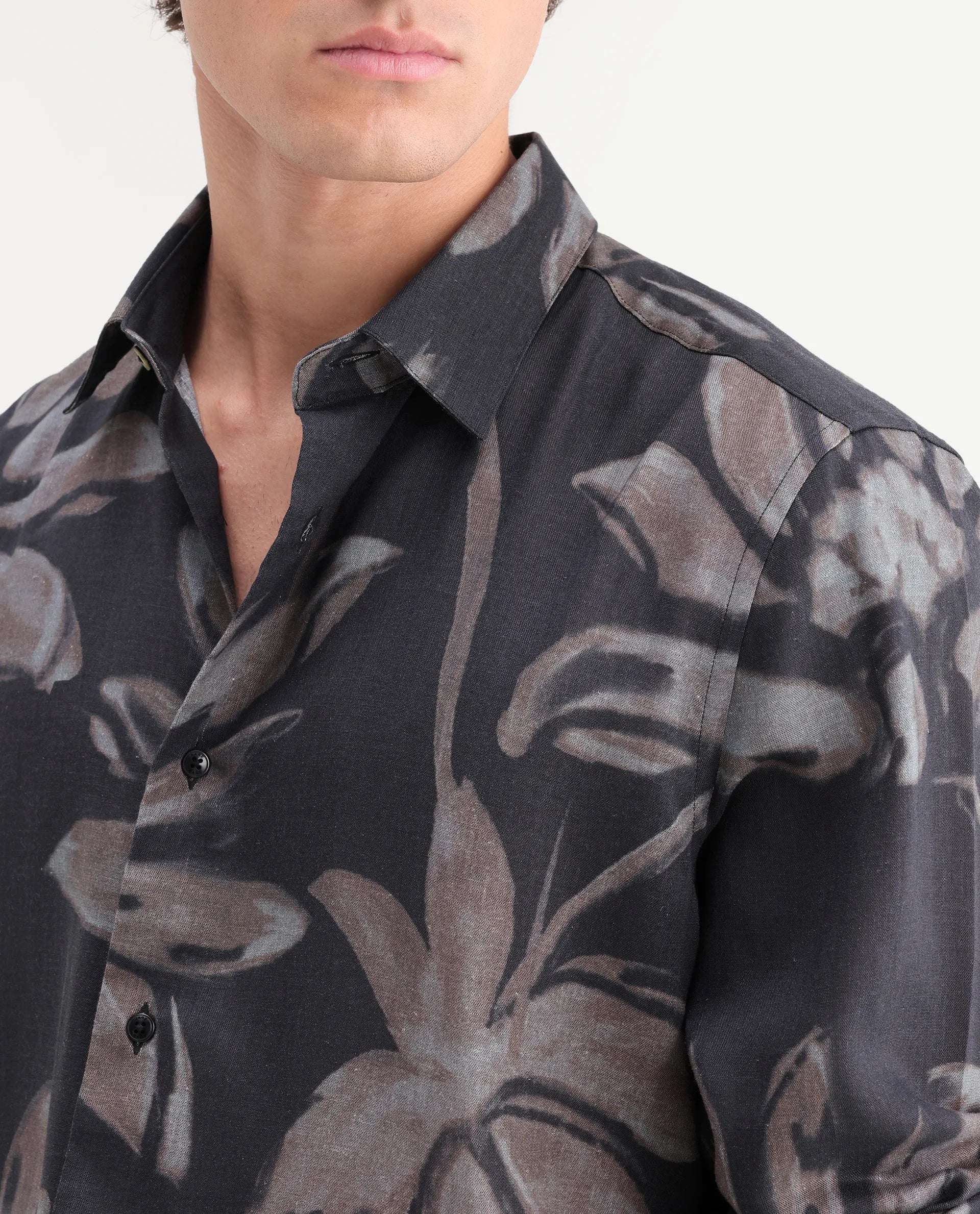 Rare Rabbit Men's Amzo Black Viscose Fabric Full Sleeve Spread Collar Regular Floral Print Shirt