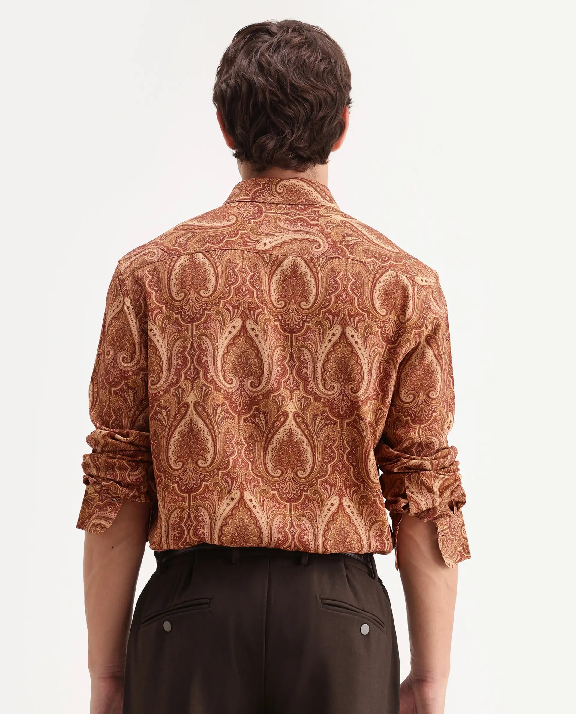Rare Rabbit Men's Paiz Rust Viscose Fabric Full Sleeve Spread Collar Regular Paisley Print Shirt