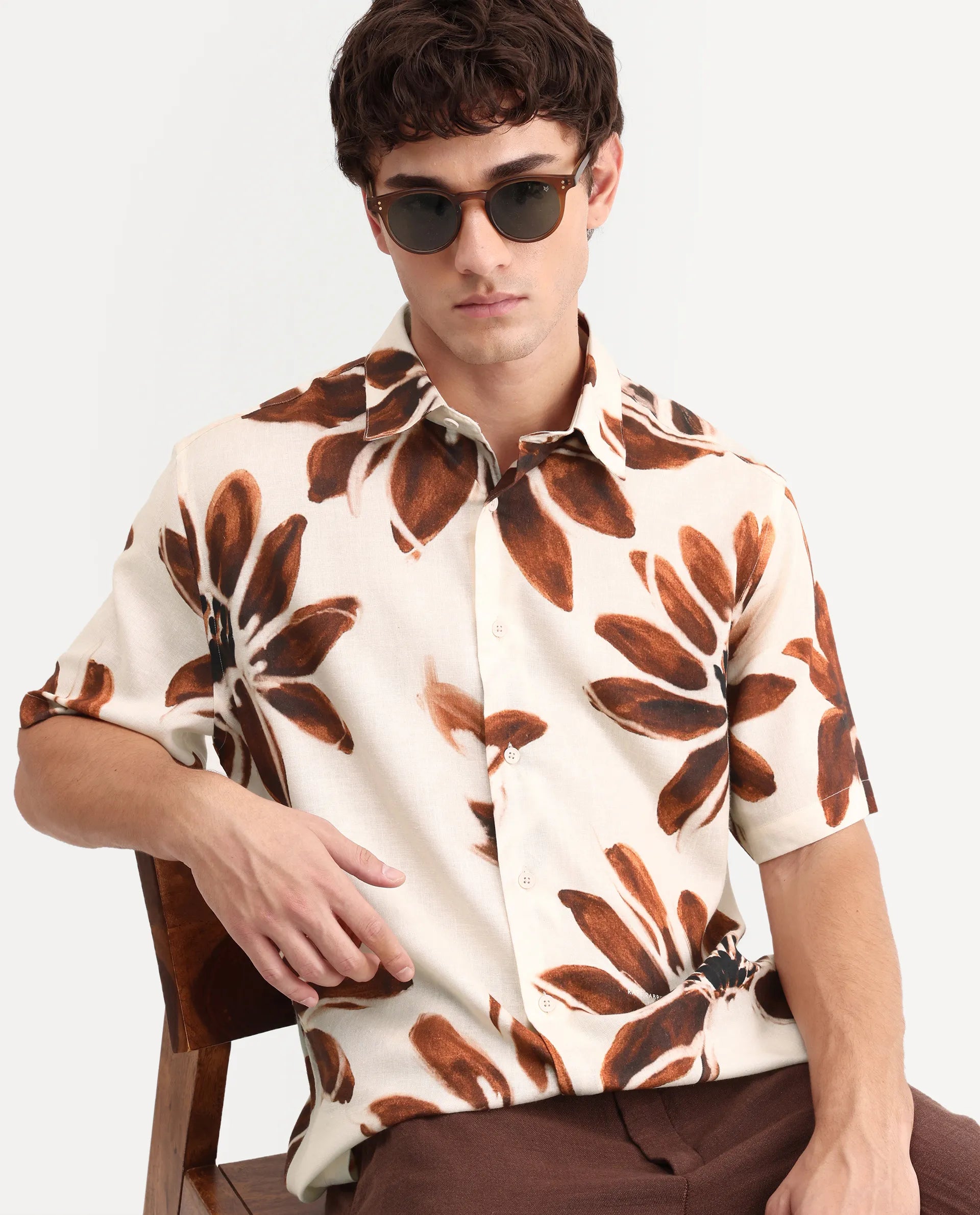Rare Rabbit Men's Zeno Beige Viscose Fabric Half Sleeve Spread Collar Regular Floral Print Shirt