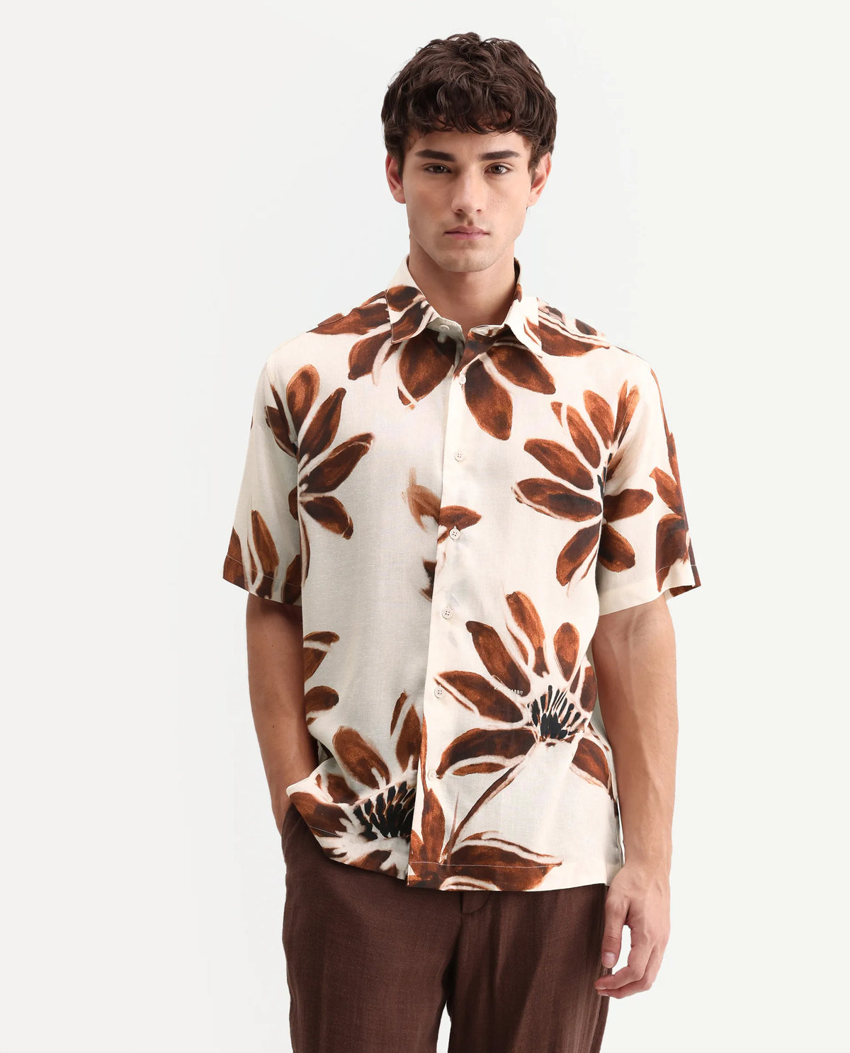 Rare Rabbit Men's Zeno Beige Viscose Fabric Half Sleeve Spread Collar Regular Floral Print Shirt