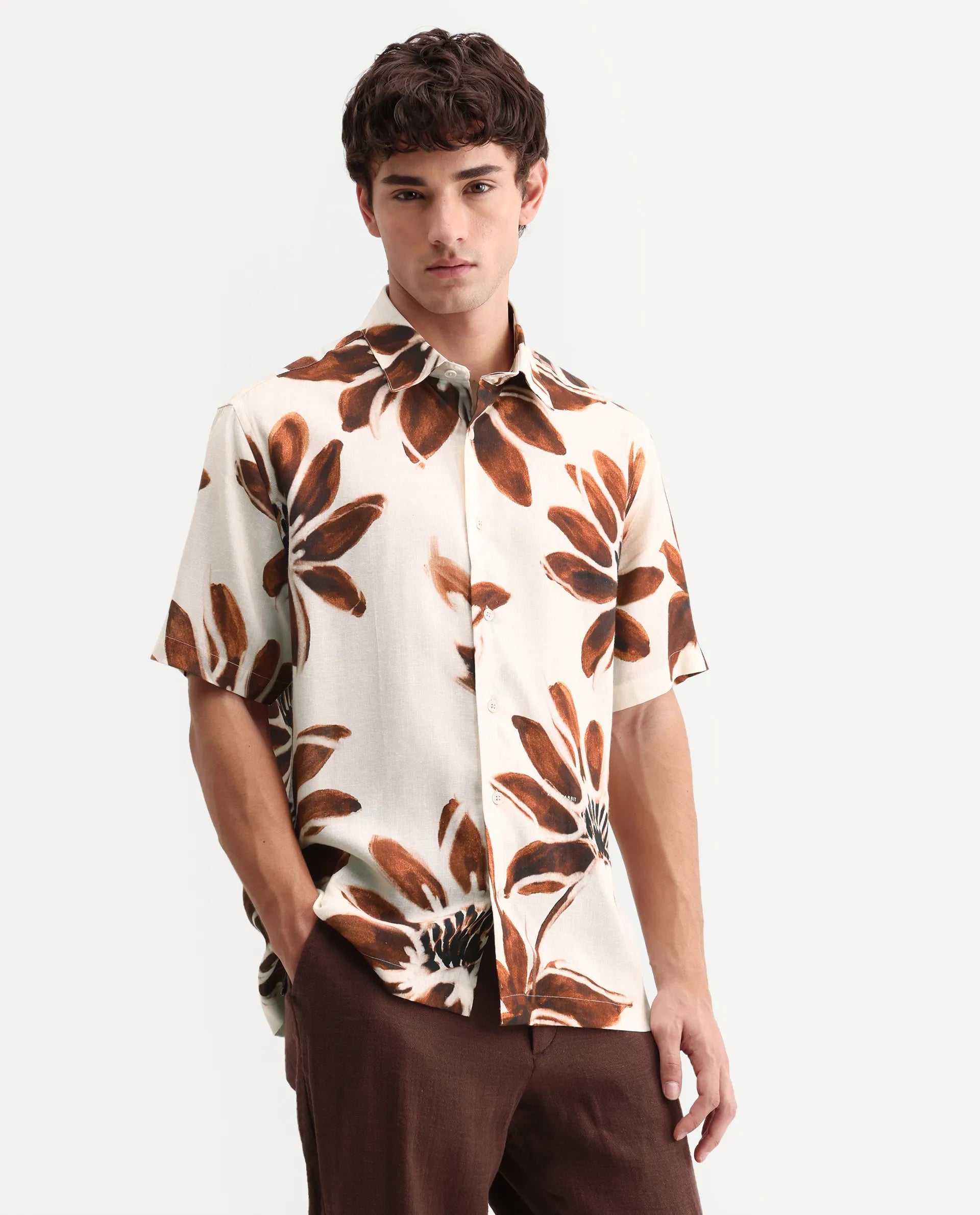 Rare Rabbit Men's Zeno Beige Viscose Fabric Half Sleeve Spread Collar Regular Floral Print Shirt