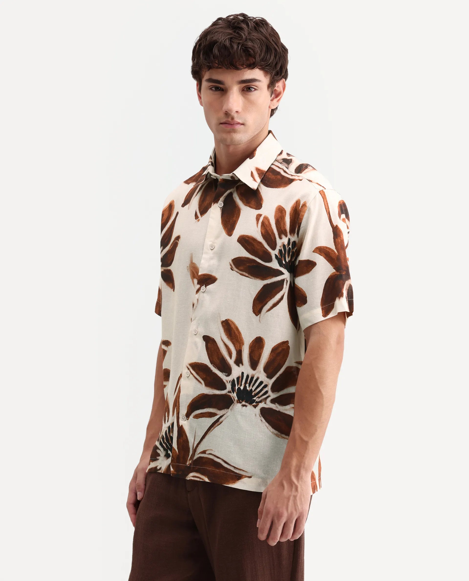 Rare Rabbit Men's Zeno Beige Viscose Fabric Half Sleeve Spread Collar Regular Floral Print Shirt
