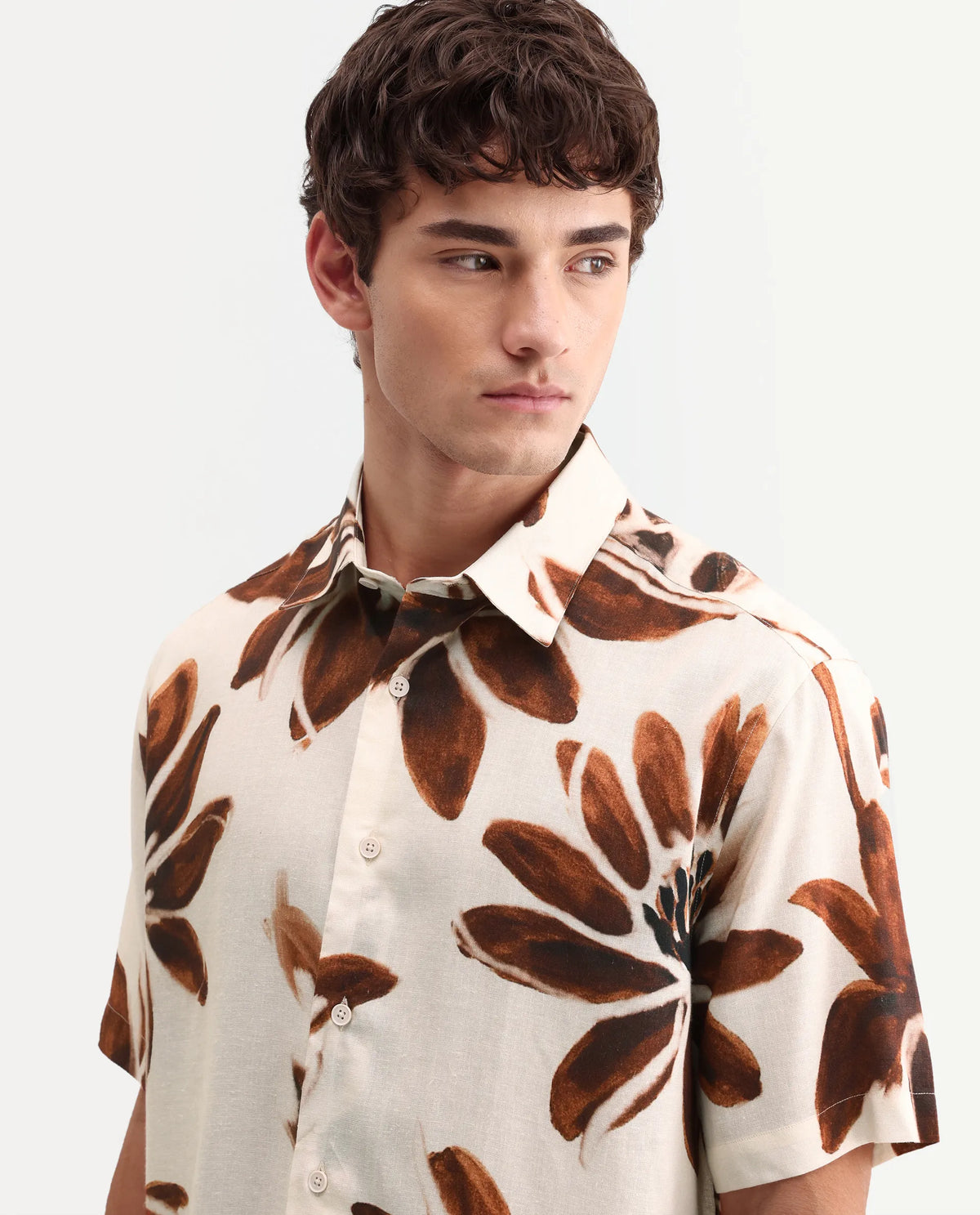 Rare Rabbit Men's Zeno Beige Viscose Fabric Half Sleeve Spread Collar Regular Floral Print Shirt
