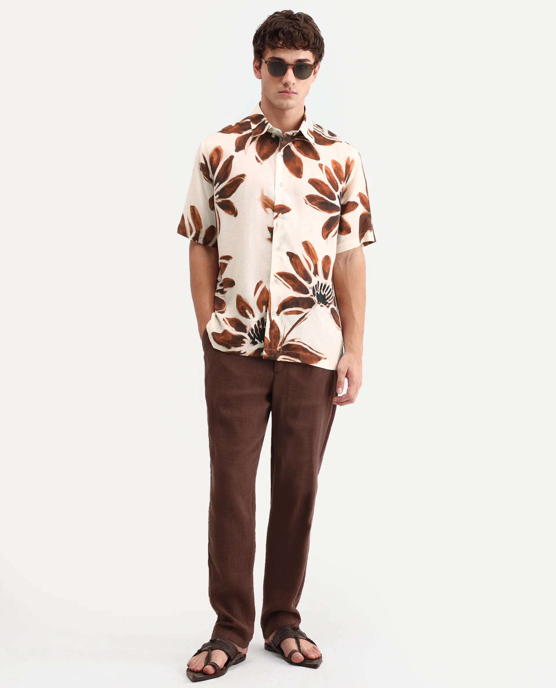 Rare Rabbit Men's Zeno Beige Viscose Fabric Half Sleeve Spread Collar Regular Floral Print Shirt