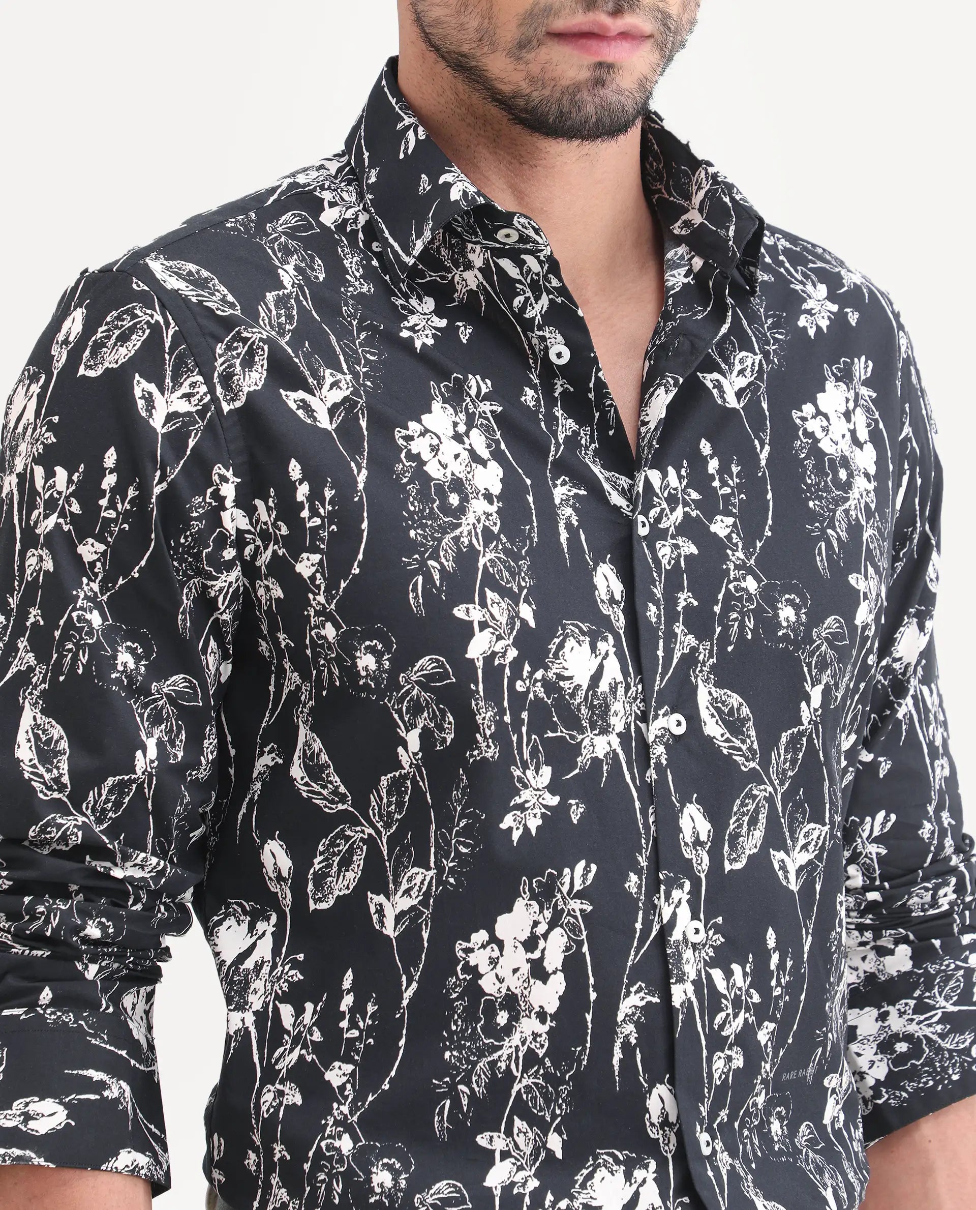 Rare Rabbit Men's Riaz Black Cotton Fabric Full Sleeve Spread Collar Regular Floral Print Shirt