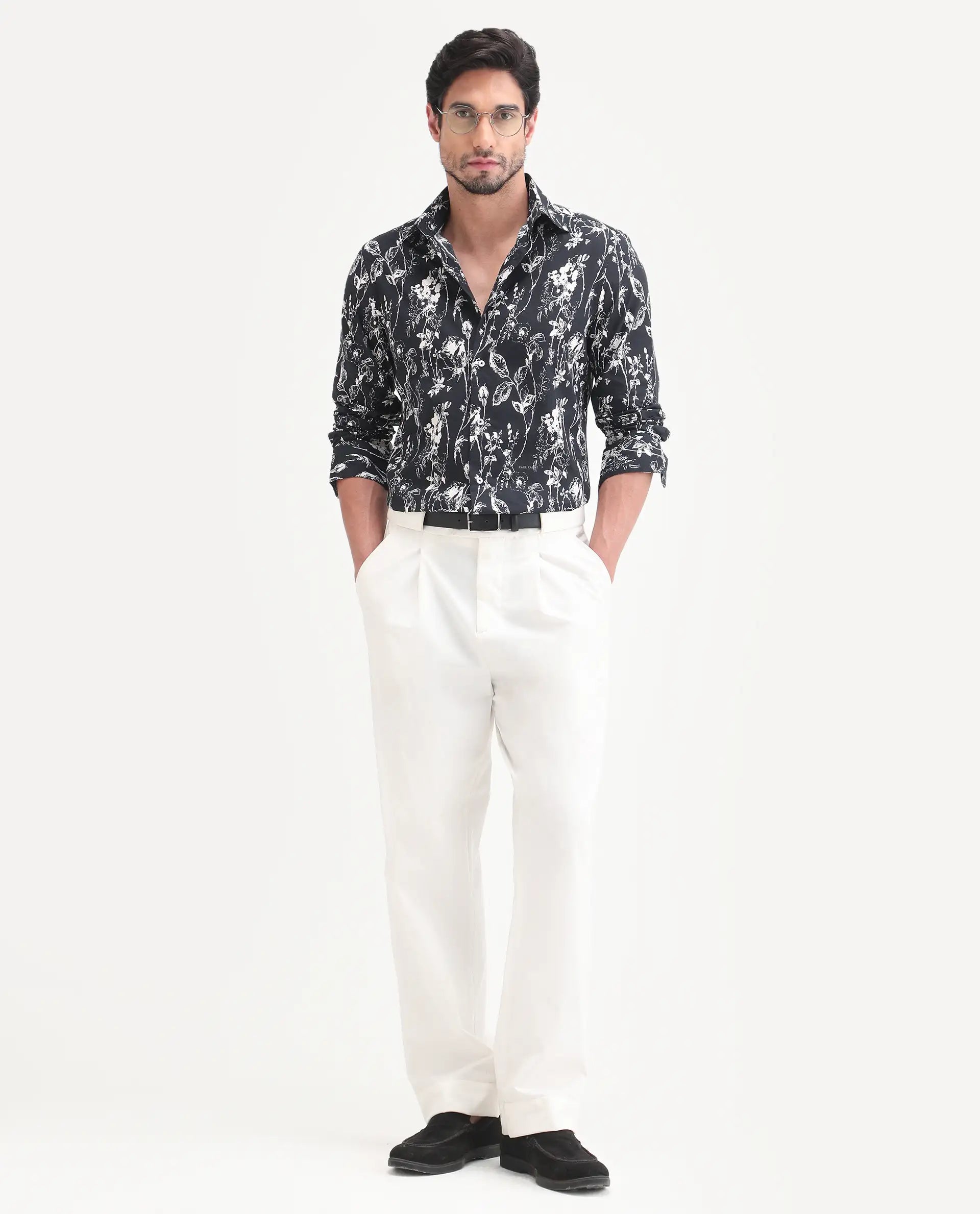 Rare Rabbit Men's Riaz Black Cotton Fabric Full Sleeve Spread Collar Regular Floral Print Shirt