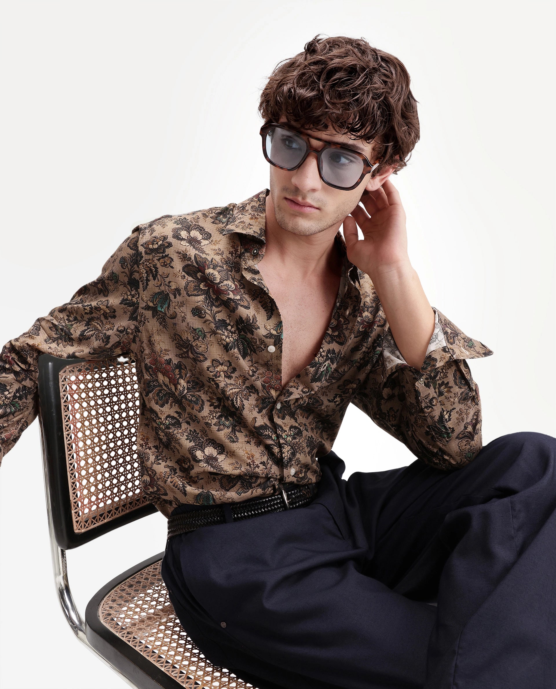 Rare Rabbit Men's Kurn Beige Viscose Fabric Full Sleeve Spread Collar Regular Floral Print Shirt