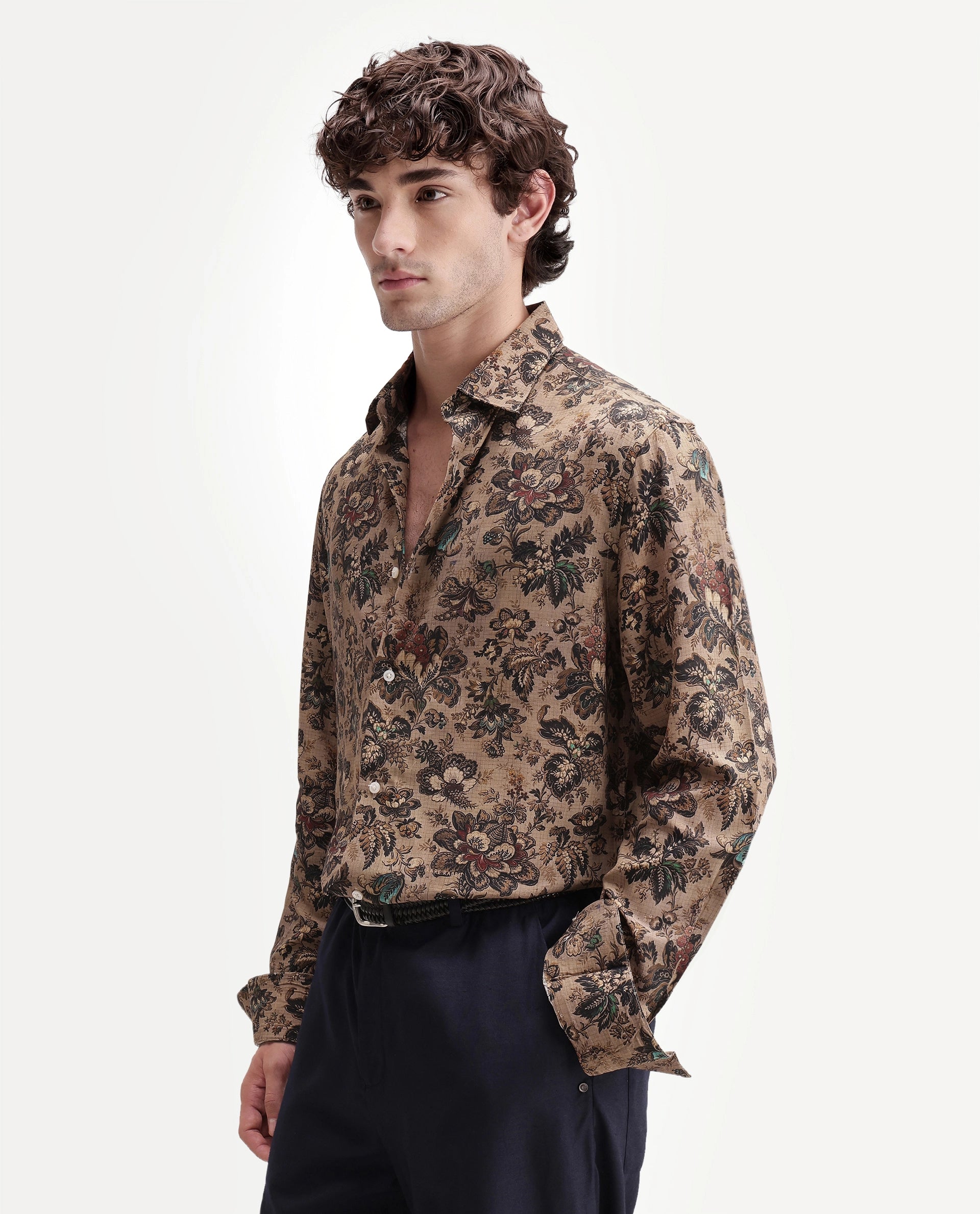 Rare Rabbit Men's Kurn Beige Viscose Fabric Full Sleeve Spread Collar Regular Floral Print Shirt