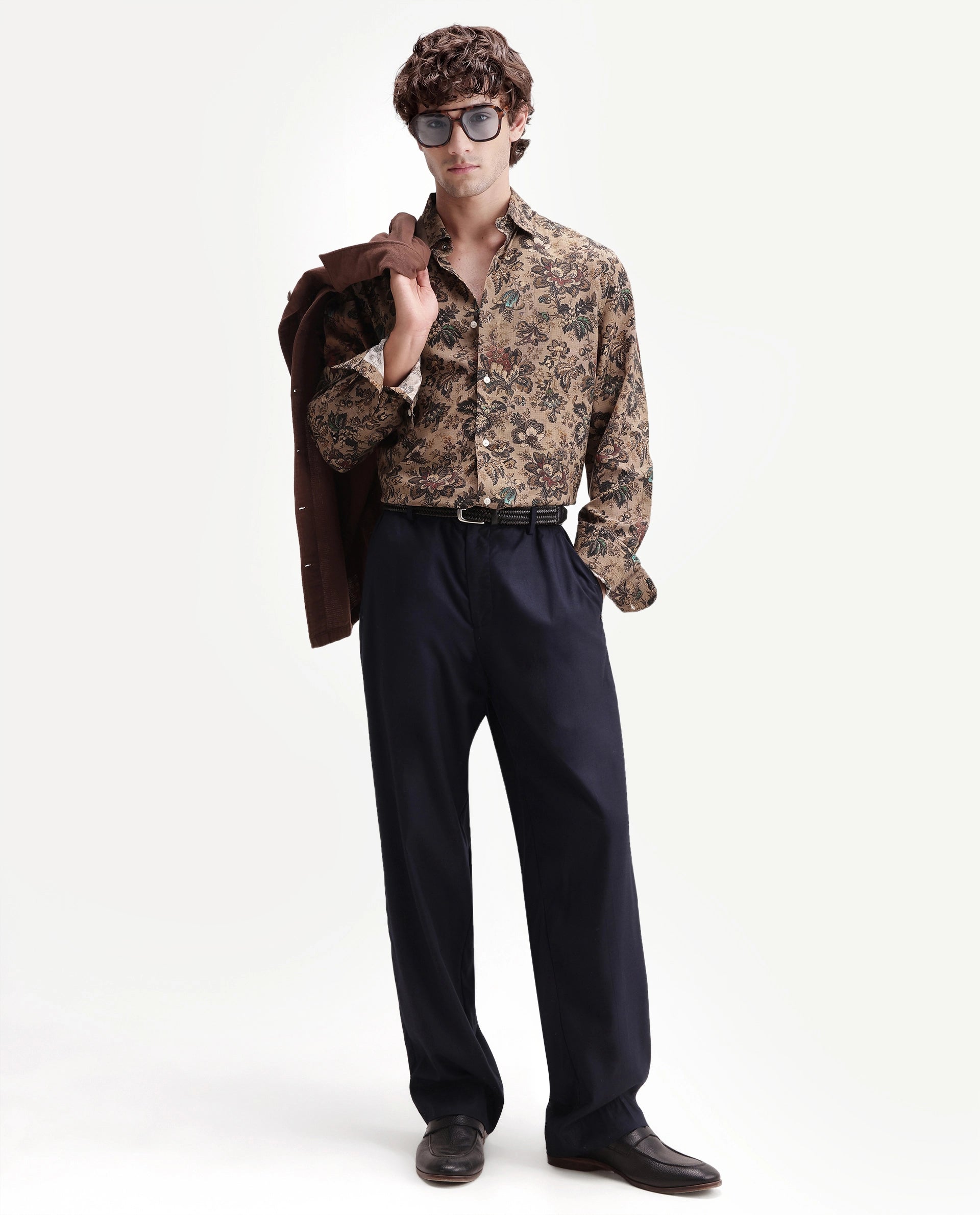 Rare Rabbit Men's Kurn Beige Viscose Fabric Full Sleeve Spread Collar Regular Floral Print Shirt