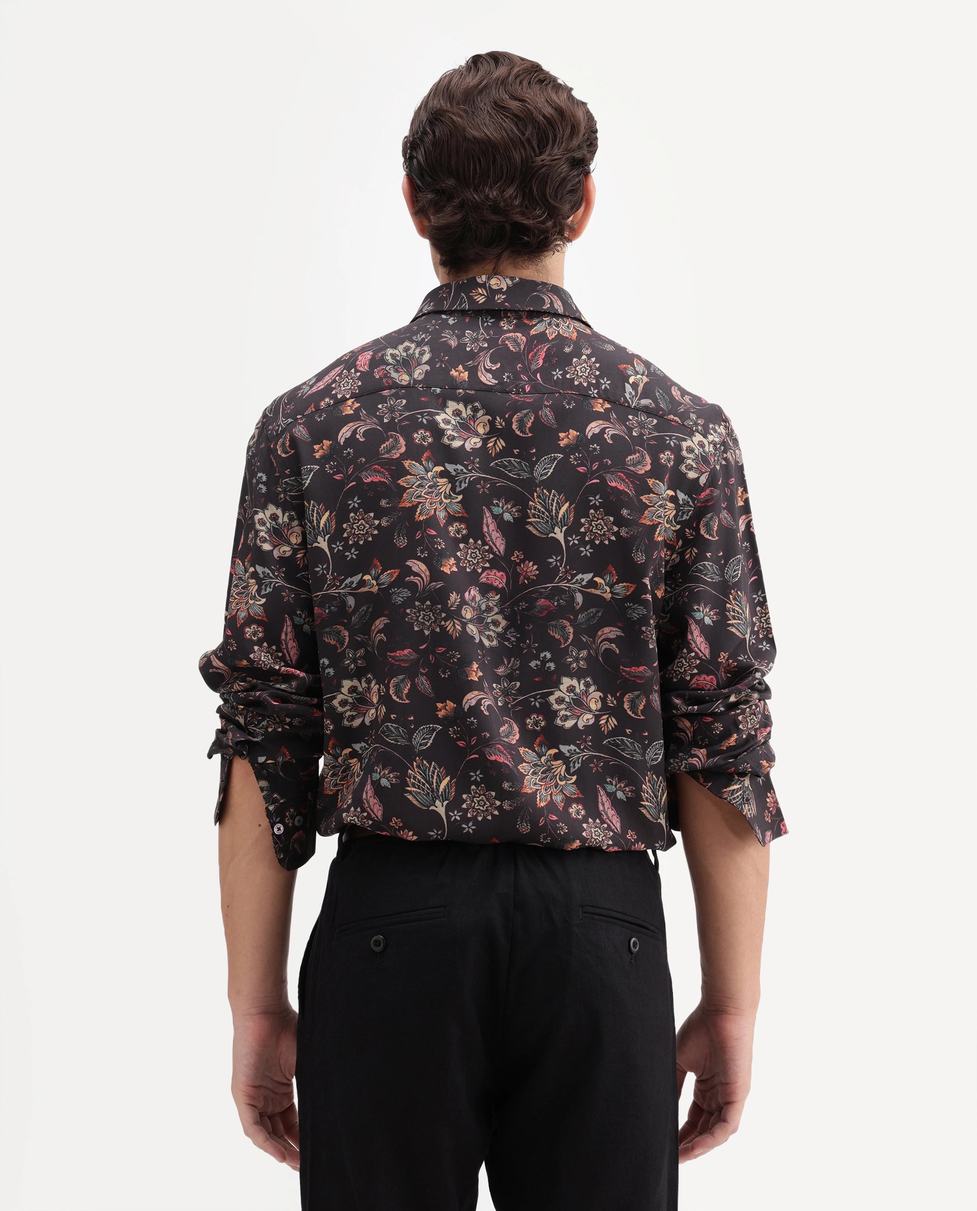 Rare Rabbit Men's Reed Black Viscose Fabric Full Sleeve Spread Collar Regular Floral Print Shirt