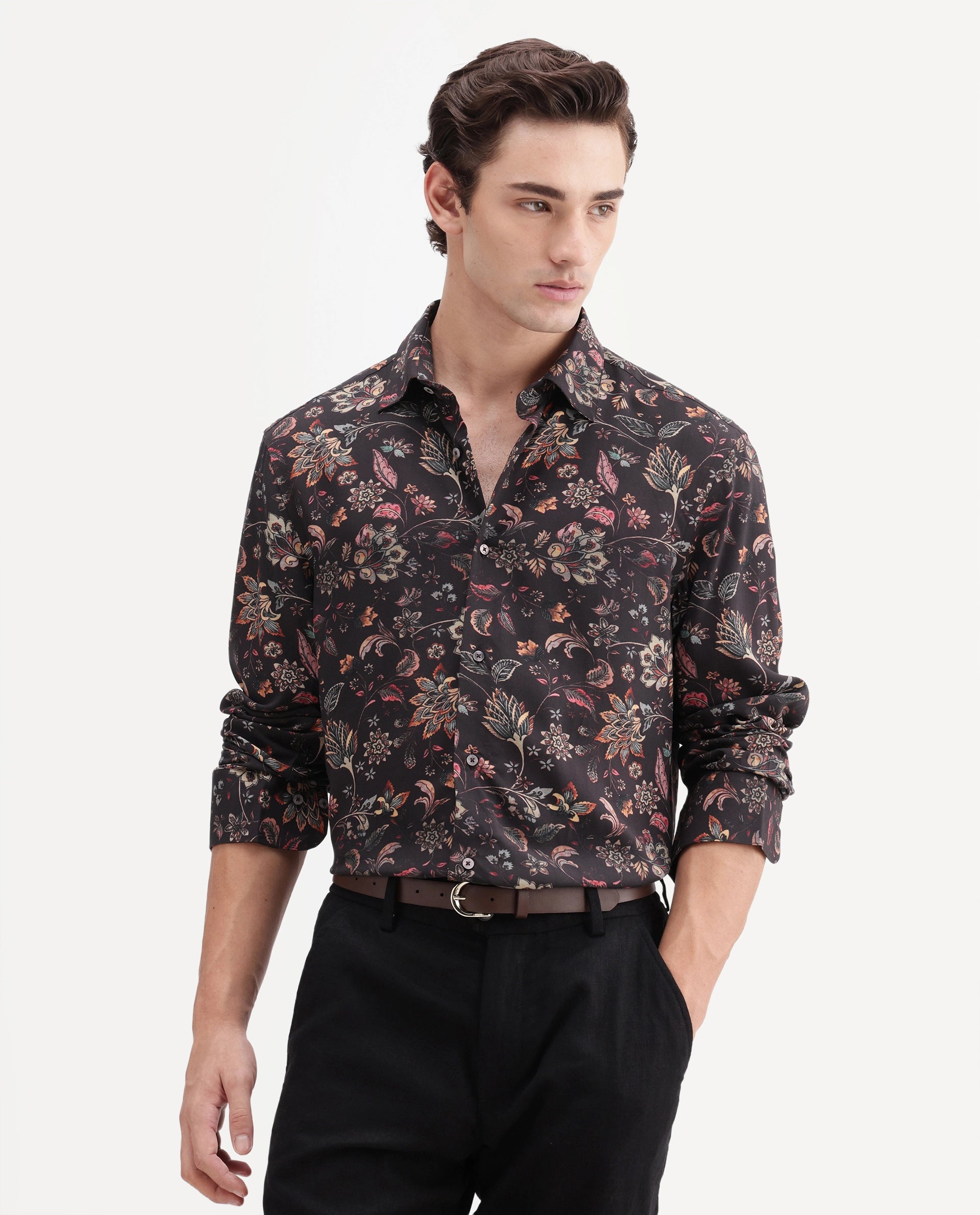 Rare Rabbit Men's Reed Black Viscose Fabric Full Sleeve Spread Collar Regular Floral Print Shirt