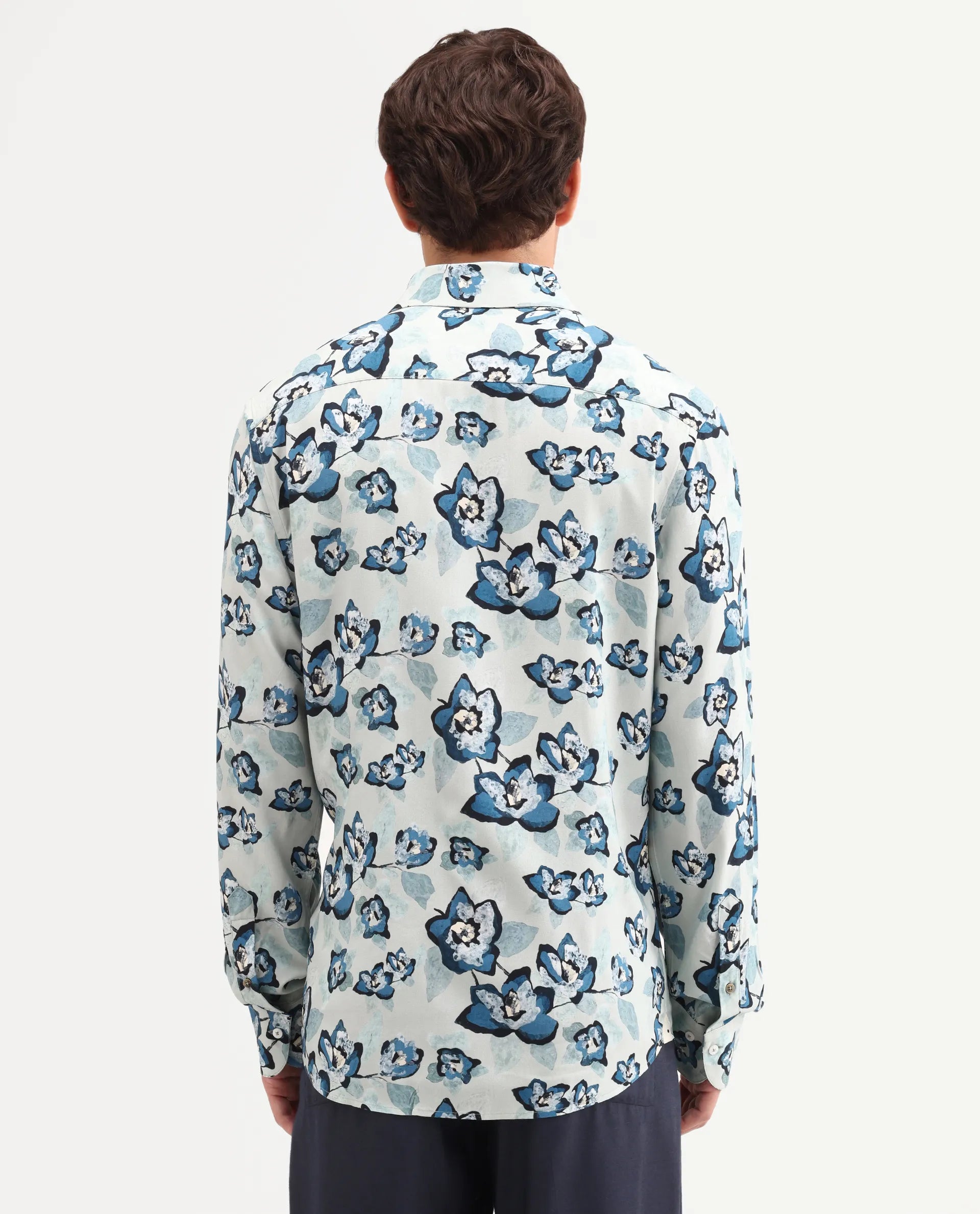 Rare Rabbit Men's Mura Light Blue Viscose Fabric Full Sleeve Spread Collar Regular Floral Print Shirt