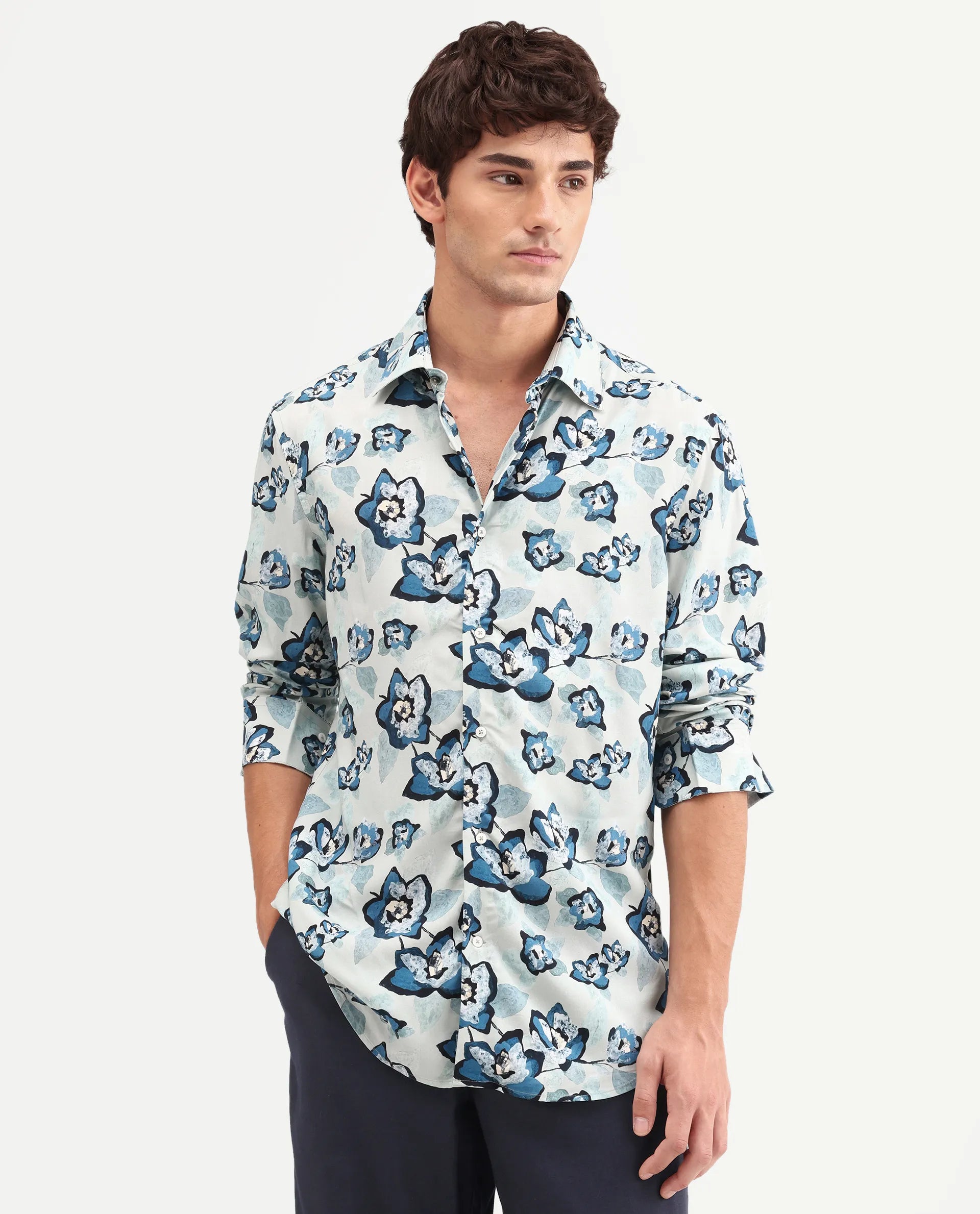 Rare Rabbit Men's Mura Light Blue Viscose Fabric Full Sleeve Spread Collar Regular Floral Print Shirt