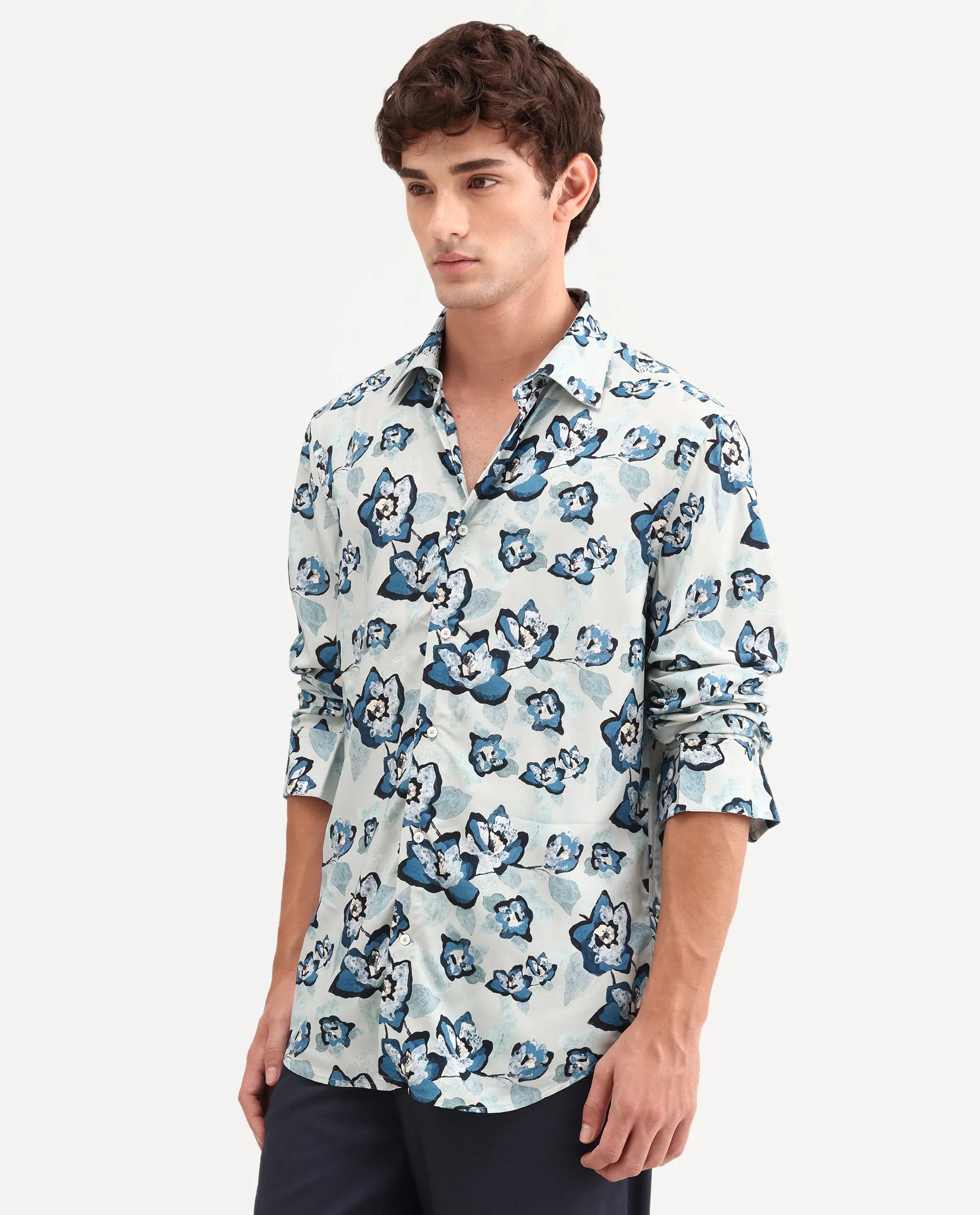 Rare Rabbit Men's Mura Light Blue Viscose Fabric Full Sleeve Spread Collar Regular Floral Print Shirt