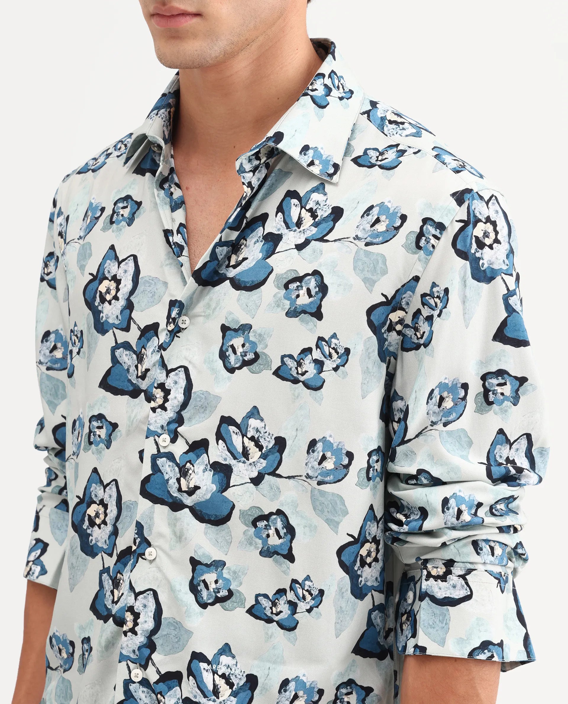 Rare Rabbit Men's Mura Light Blue Viscose Fabric Full Sleeve Spread Collar Regular Floral Print Shirt