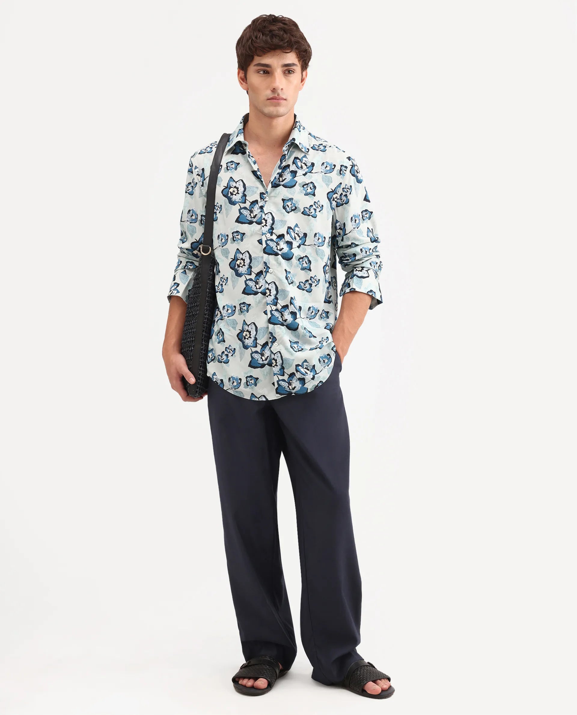 Rare Rabbit Men's Mura Light Blue Viscose Fabric Full Sleeve Spread Collar Regular Floral Print Shirt