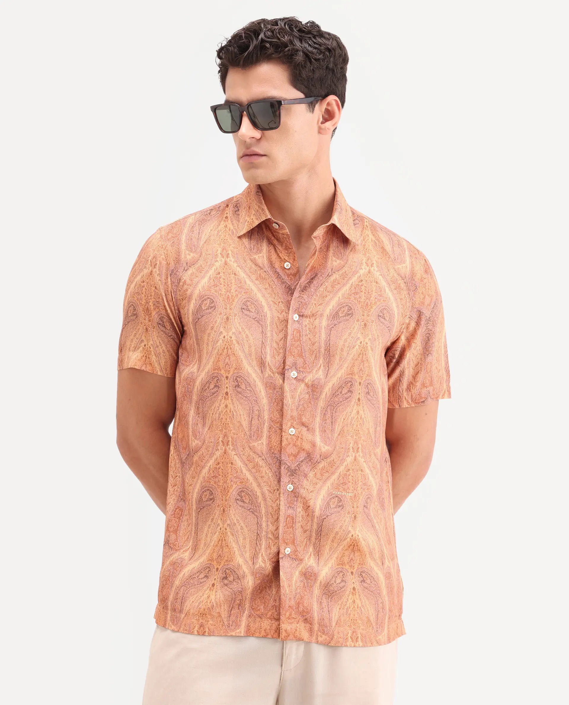 Rare Rabbit Men's Moru Beige Viscose Fabric Full Sleeve Spread Collar Regular Paisley Print Shirt